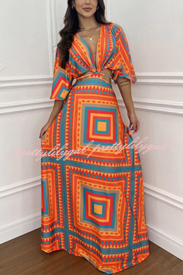 Wilma Unique Print Cutout Elastic Waist Tie Up Kimono Sleeve Maxi Dress - Women's Flowy Summer Beach Cover Up Dress for Vacation, Party & Boho Fashion