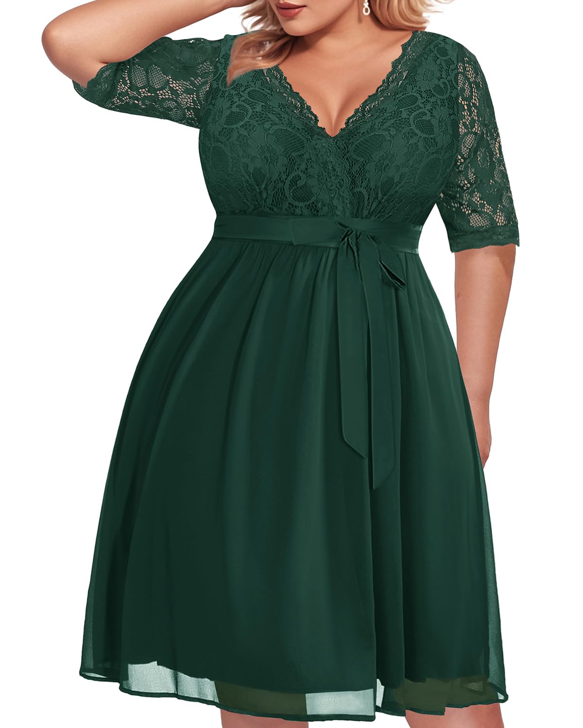 Plus Size Lace Chiffon Wrap V-Neck Cocktail Dress for Women - Elegant Wedding Guest & Party Midi Dress - Perfect for Bridal Showers, Date Nights & Special Occasions