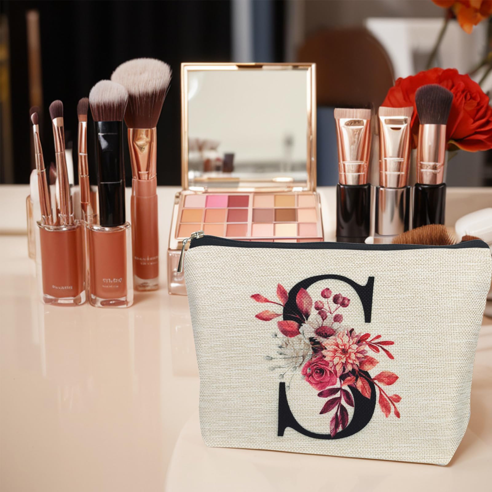 Personalized Floral Monogram Makeup Bag - Custom A-Z Initial Cosmetic Pouch for Women, Mom, Best Friend, Bride, Bridesmaid & Grandma - Perfect Birthday, Mother's Day & Christmas Gift - Small Travel Toiletry Bag for Everyday Use, Weddings & Vacation Essentials