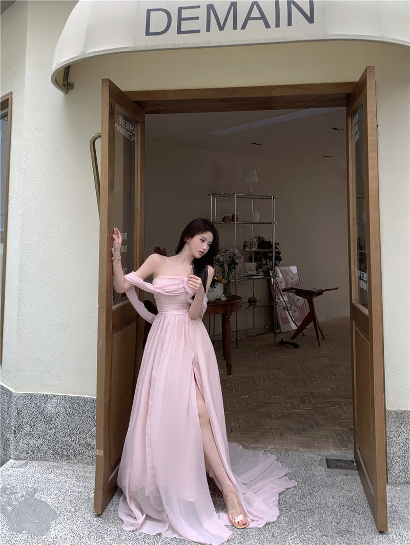 Elegant A-Line Strapless Pink Fairy Prom Dress with High Slit - Perfect for Formal Dances, Weddings & Special Occasions