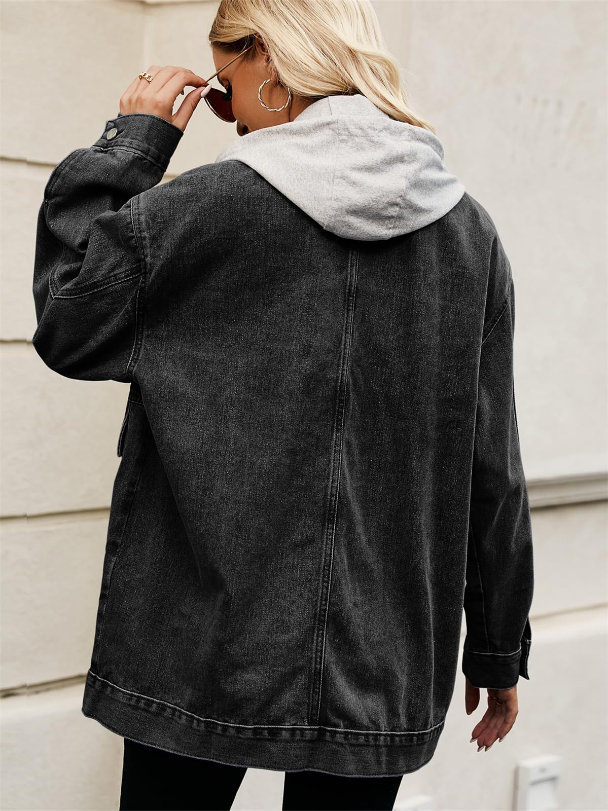 PAODIKUAI Women's Vintage Oversized Denim Jacket - Long Sleeve Distressed Jean Coat with Detachable Hood | Casual Streetwear, Fall Layering, Boho Outfit Essential