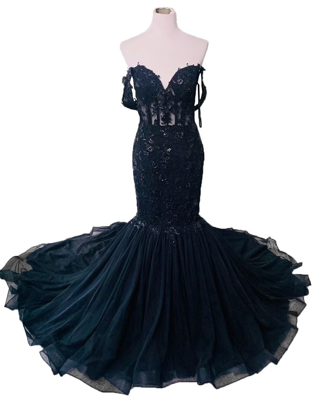 Elegant Off-Shoulder Lace Tulle Mermaid Wedding Dress for Bride - Long Black Bridal Gown for Beach, Church & Formal Weddings