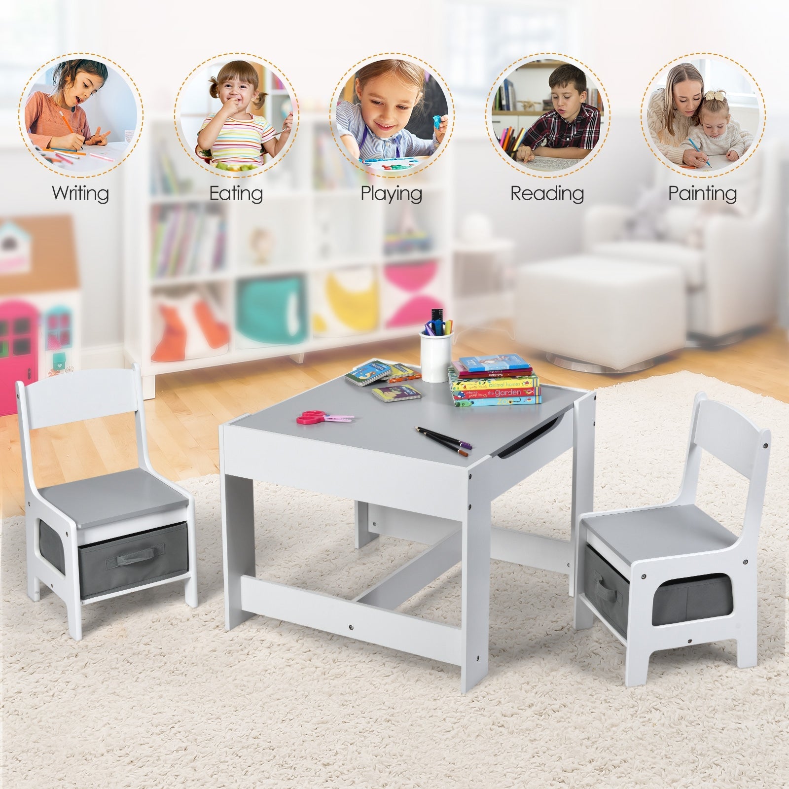Kids Table and Chairs Set with Storage Boxes, Blackboard & Whiteboard - Perfect for Drawing, Learning & Playtime in Bedroom or Playroom
