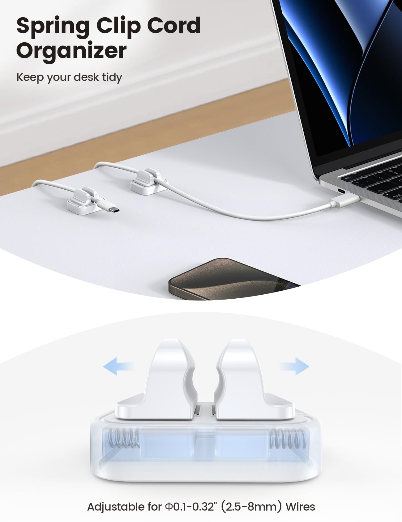5-Pack Spring Fixed Cord Holder Clips - Adjustable Cable Management Organizer for Desk, Wall, Car & Nightstand | Phone Charger Cord Organizer | Perfect for Home, Office & Travel Use