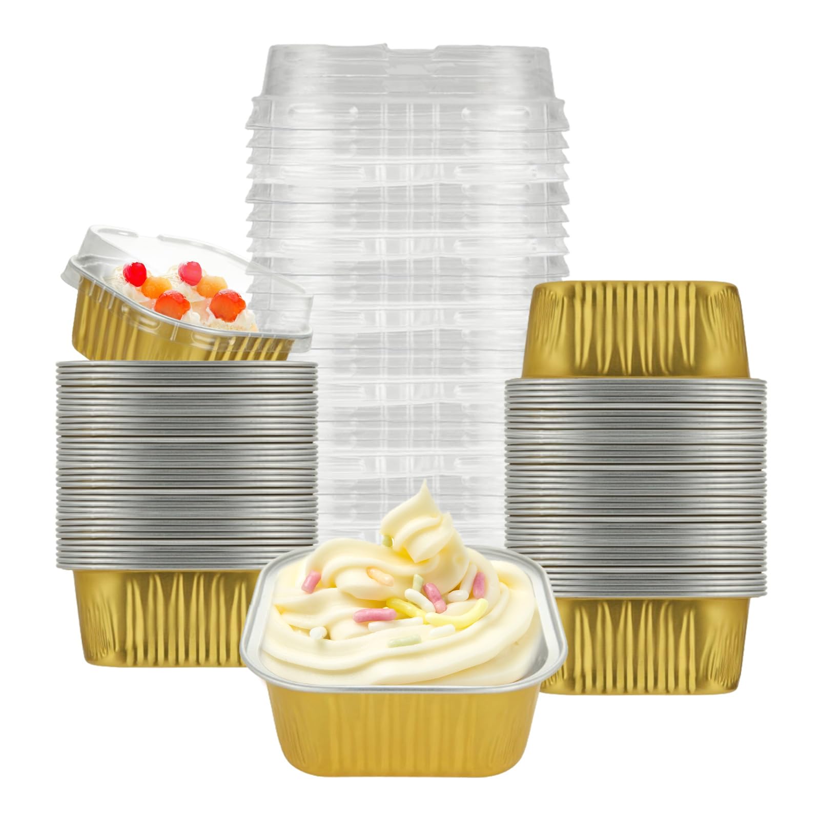 100Pcs 5oz Disposable Aluminum Foil Ramekins with Lids - Mini Cake Pans, Reusable Cupcake Liners, Square Dessert Containers - Perfect for Cheesecake, Muffins, Baking & Party Serving