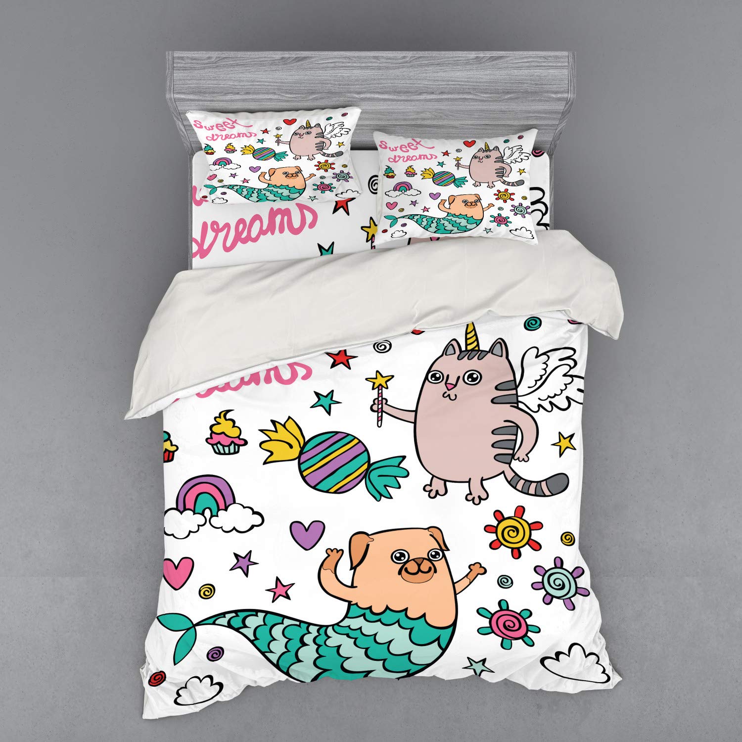 Ambesonne Unicorn Cat Duvet Cover Set - Colorful Rainbow Pug Mermaid & Unicorn Cat Design, 4-Piece Queen Size Bedding Set with Shams & Fitted Sheet - Perfect for Kids' Room, Teen Bedroom & Fantasy Themed Decor