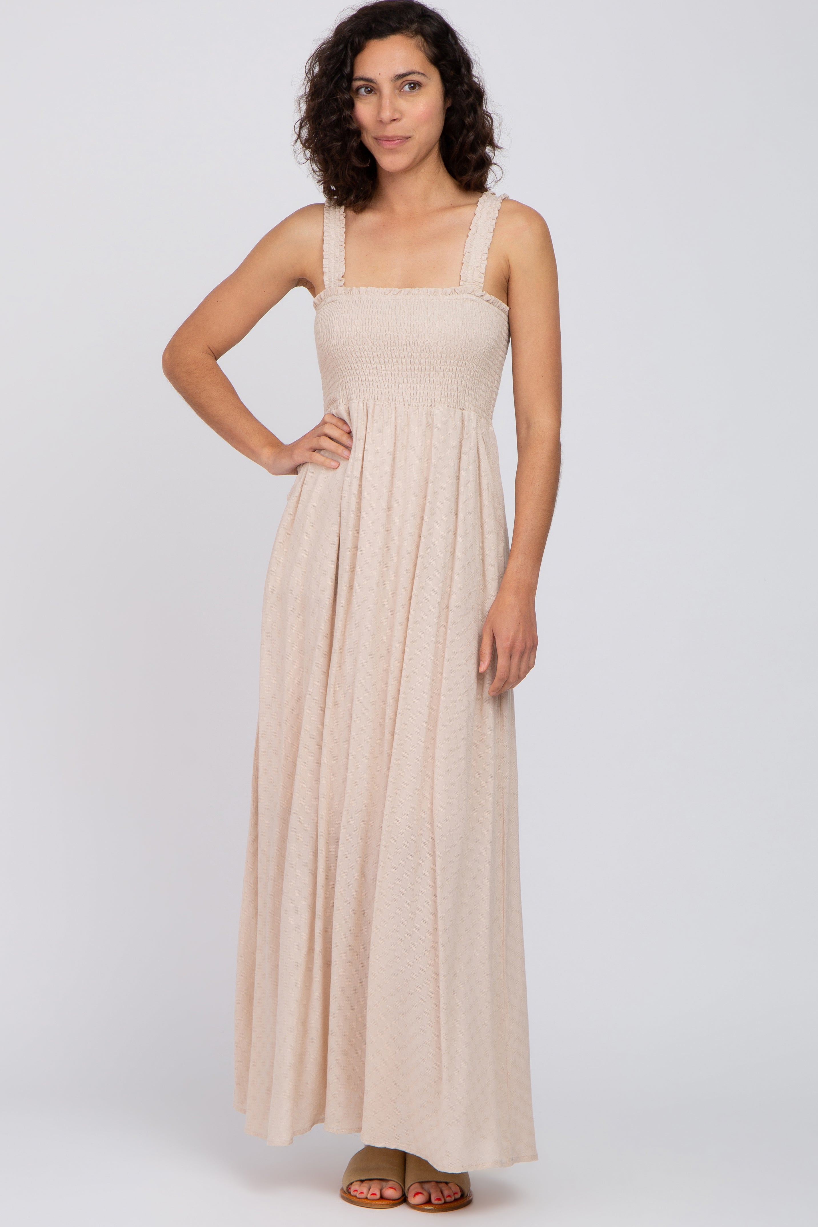 Beige Textured Smocked Maternity Maxi Dress for Women - Comfortable Pregnancy Dress for Baby Shower, Beach Vacation & Special Occasions