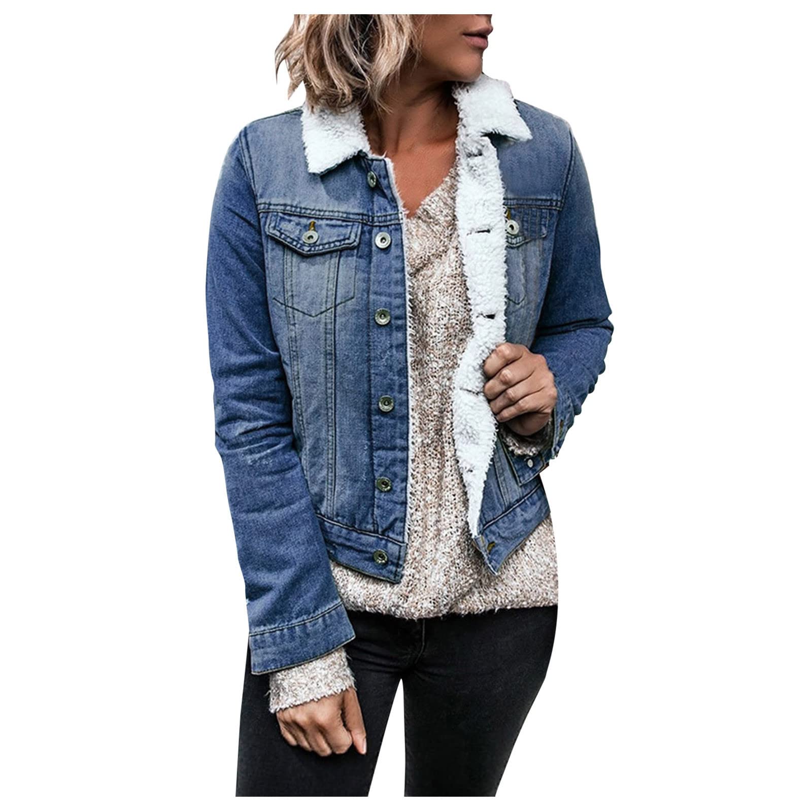 Vintage Distressed Denim Jean Jacket for Women - Button Down Short Fleece Lined Coat | Casual Outerwear for Fall, Spring & Everyday Wear