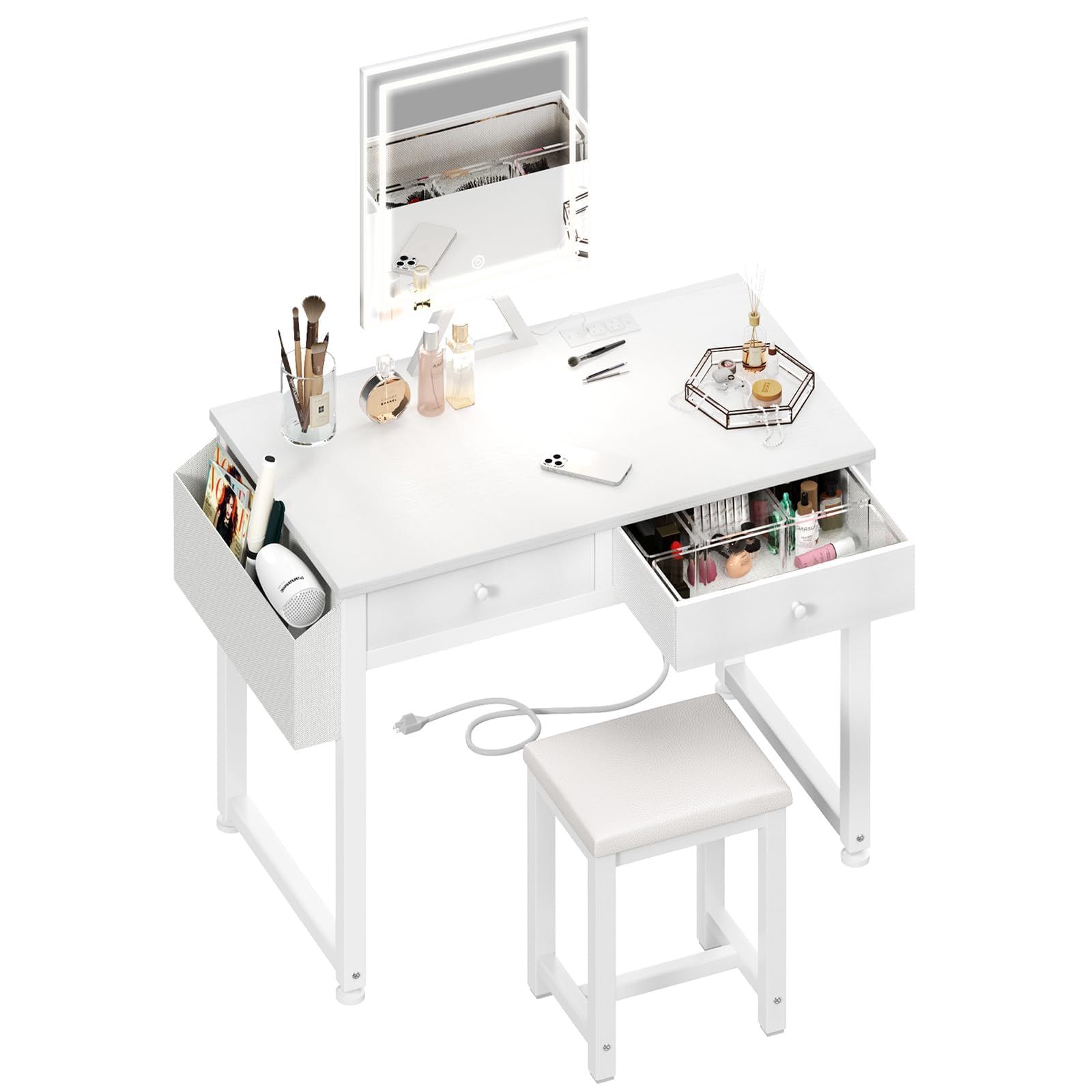 Lufeiya 32 Inch White Makeup Vanity Desk Set with Mirror, Lights & Fabric Drawers - Dressing Table with Chair & Power Outlet for Girls Bedroom - Perfect for Makeup, Skincare & Hair Styling