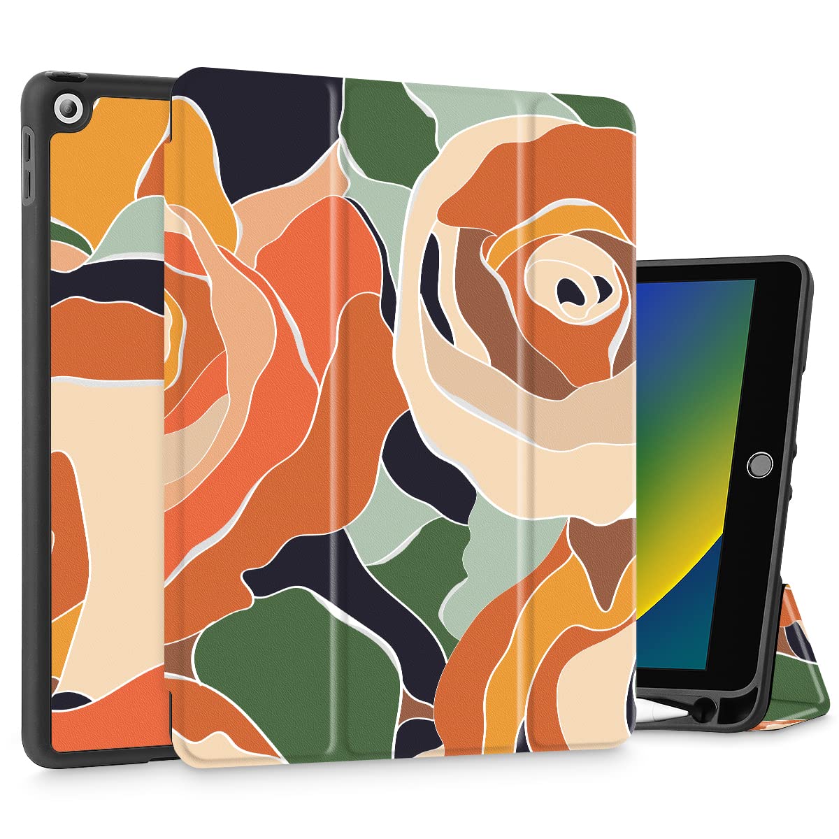 Mektron iPad 10.2 Case for 9th/8th/7th Generation (2021/2020/2019) - Slim Stand Hard Back Shell with Pencil Holder & Magnetic Smart Cover | Auto Wake/Sleep Function | Abstract Rose Design | Perfect for Work, School & Travel Protection