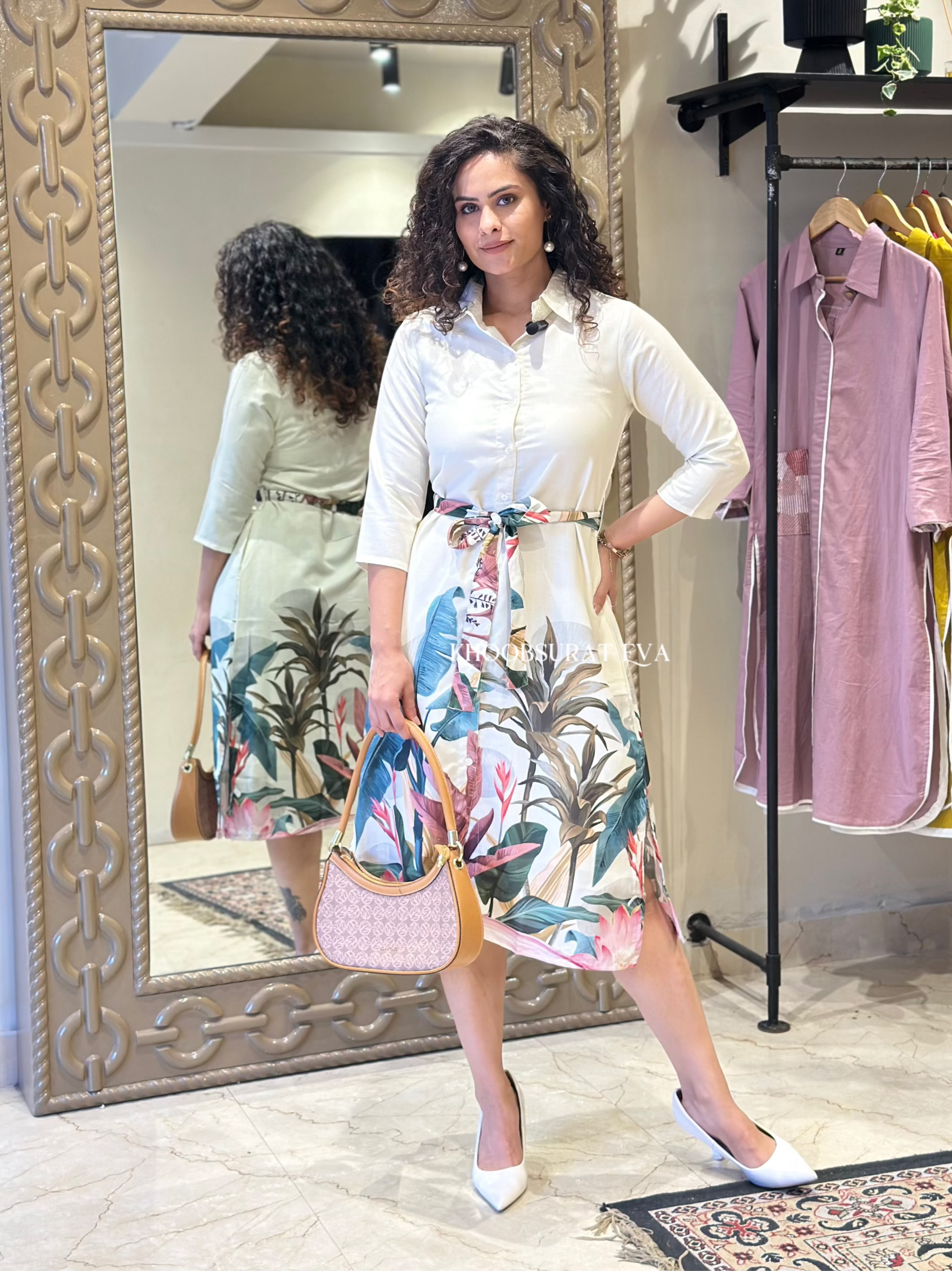 Elegant White Dress for Women - Flowy Bird Print Summer Dress for Outdoor Parties & Beach Vacations