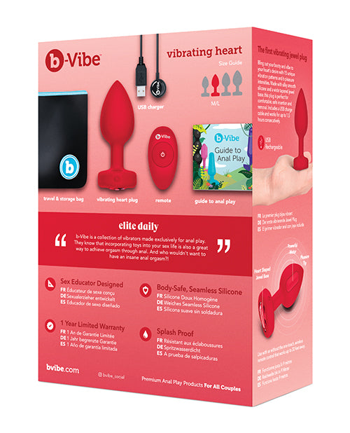 B Vibe Rechargeable Silicone Heart-Shaped Anal Plug with Remote Control - Medium/Large Size, Red - Perfect for Couples Play & Solo Pleasure