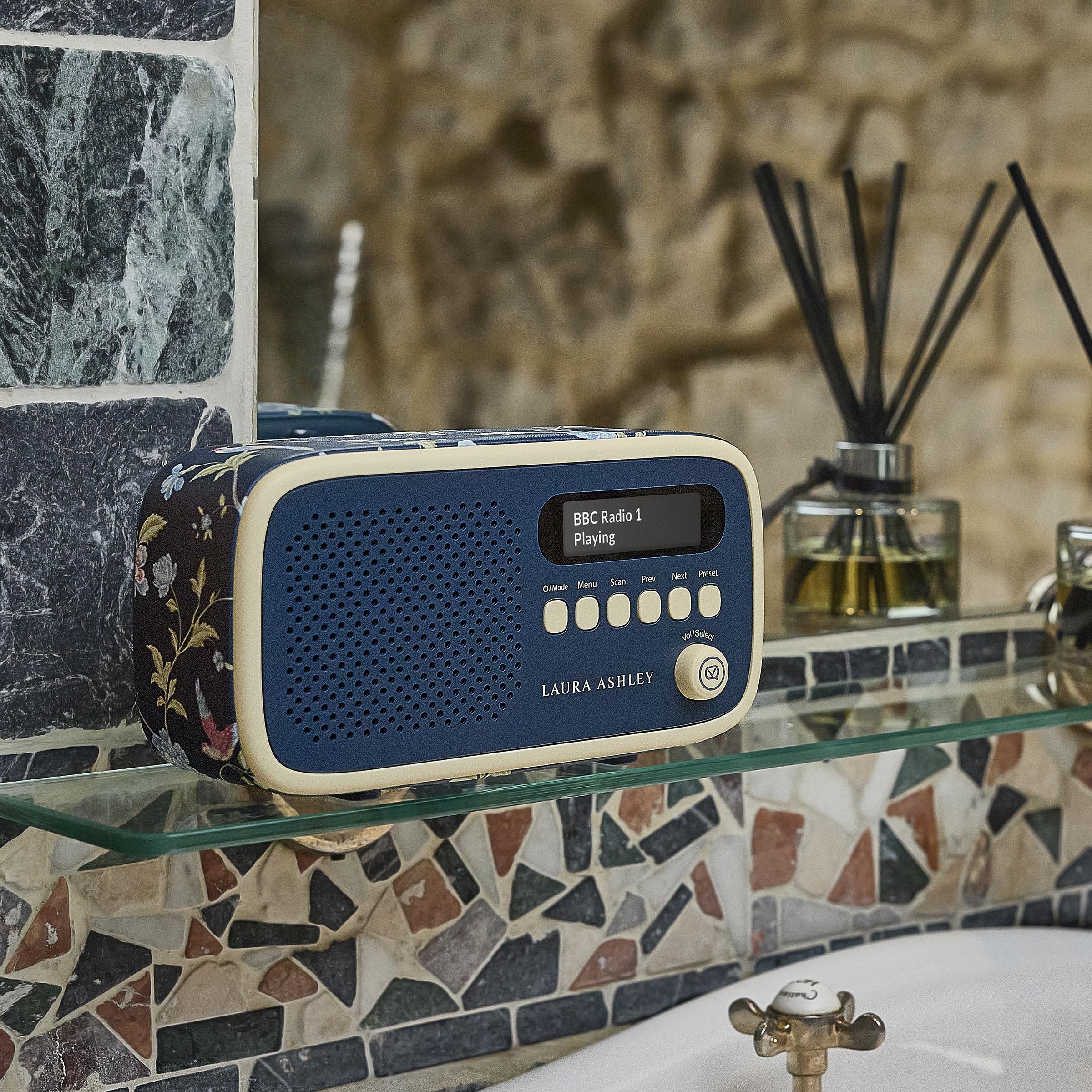 VQ Laura Ashley Dexter Dab+/Dab Radio with FM, 3W Stereo Speakers, LCD Display - Mains/Battery Powered Portable Radio with 60 Presets & Headphone Jack - Elveden Navy Blue - Perfect for Bedroom, Kitchen, Office or Travel Use
