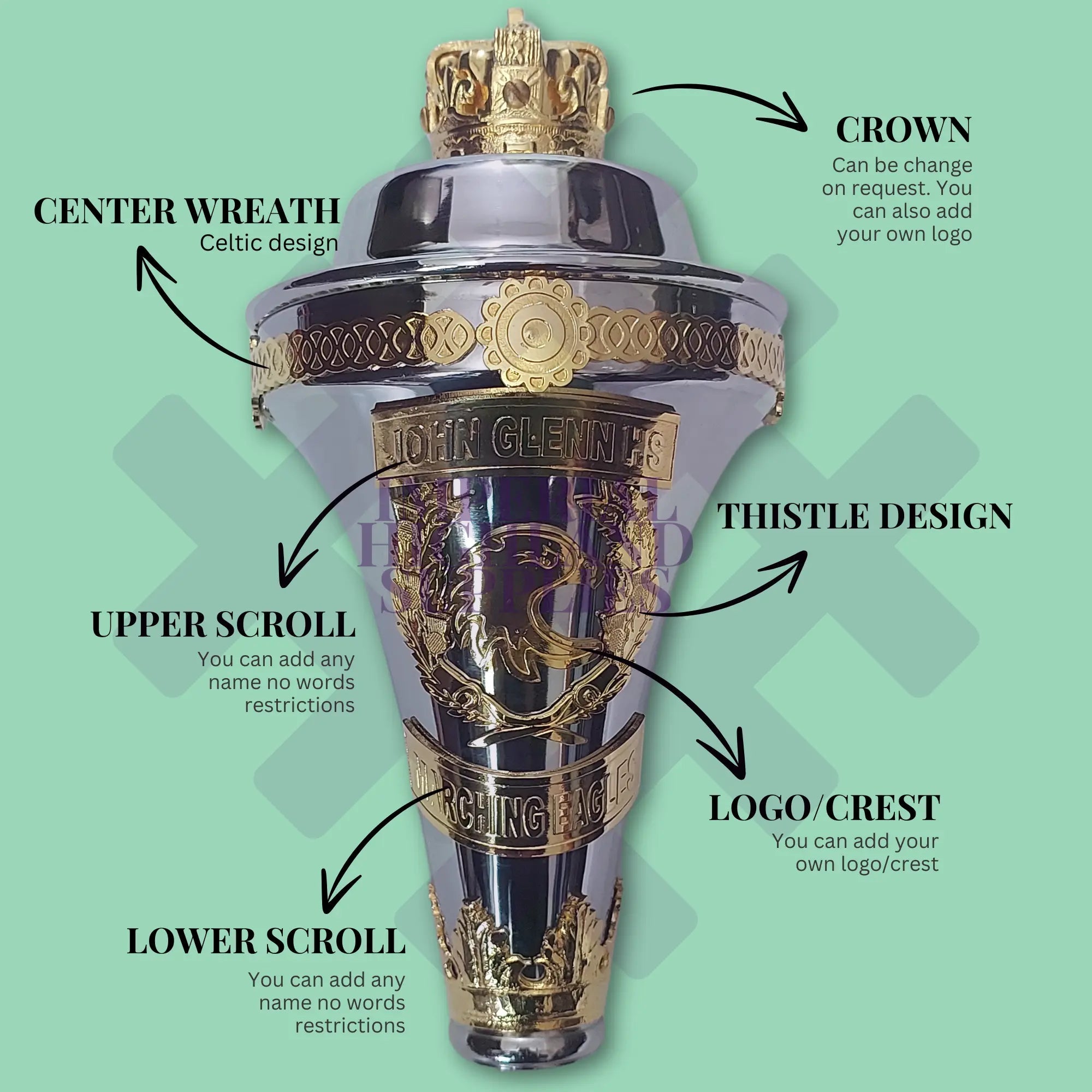 Custom Made Drum Major Mace Stave with Scrolls & Crown Top - Premium Marching Band Equipment for Parades, Ceremonies & Performances