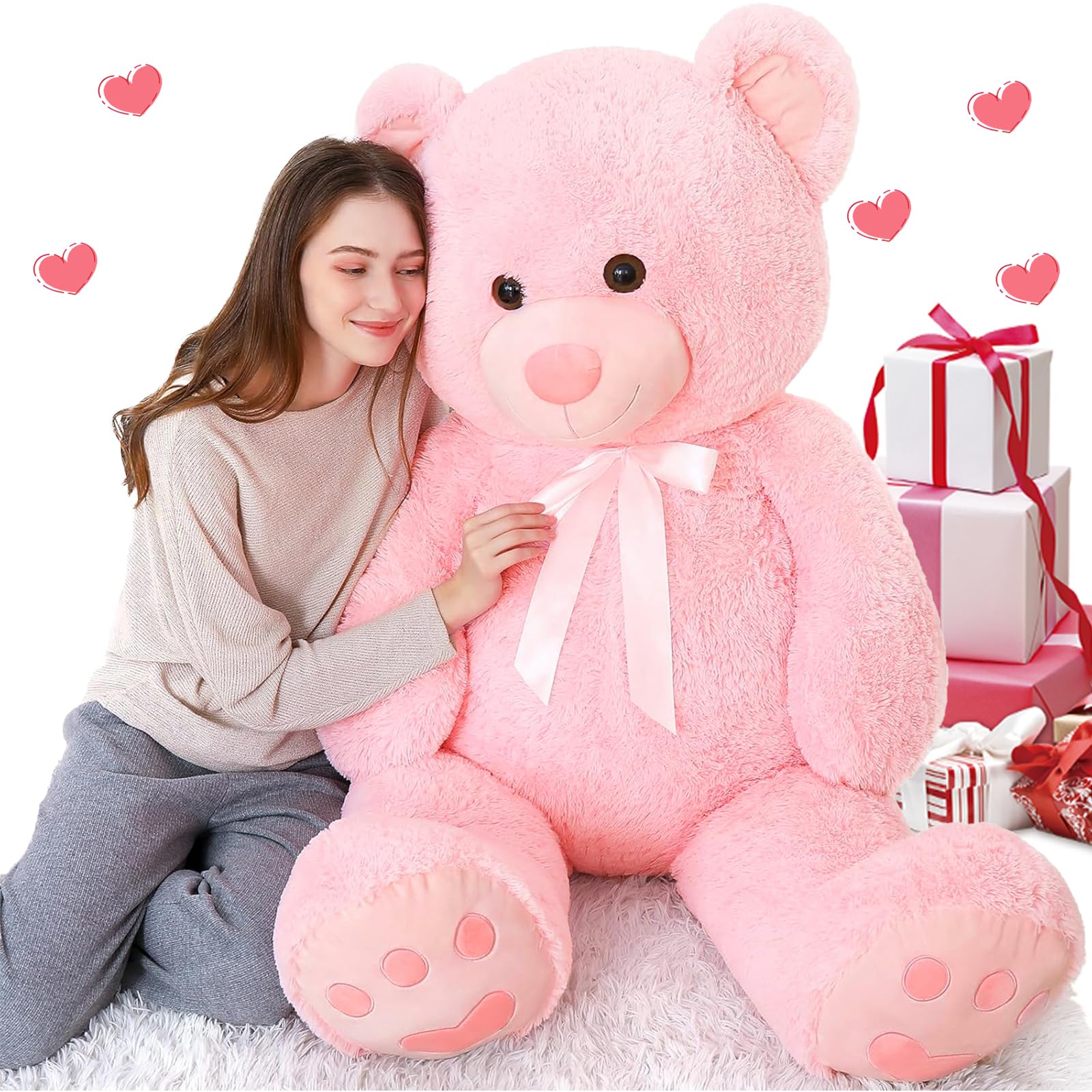 5 Feet Giant Pink Teddy Bear - Soft Lifesize Stuffed Animal Plush Toy for Valentine's Day, Birthday Gifts for Women, Girlfriend, Boyfriend, Kids | Perfect for Bedroom Decor, Cuddling, Surprise Gifts & Photo Props