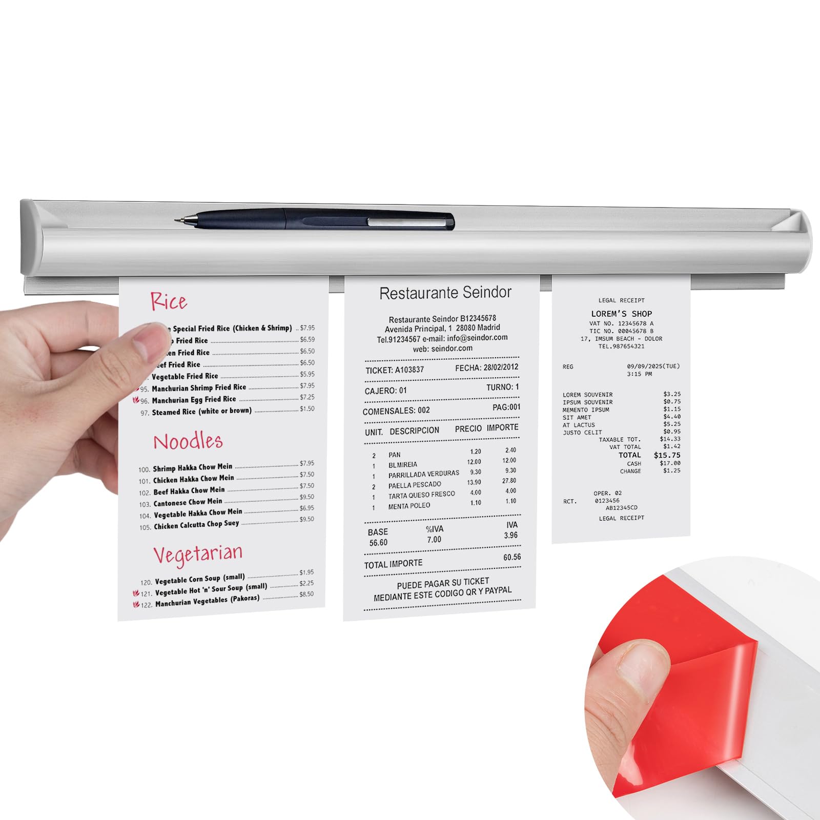 No-Drill Self-Adhesive Aluminum Receipt Holder for Restaurants - Easy to Clean Kitchen Order Ticket Strip for Office, Cafe & Commercial Use - Perfect for Organizing Bills, Tickets & Receipts in Food Service Businesses
