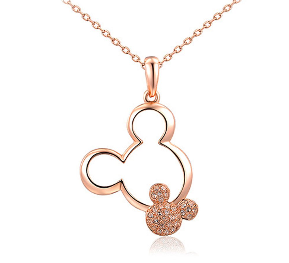 Rose Gold Plated Heart & Twins Mickey Mouse Necklace for Women - Elegant Disney Jewelry Gift for Birthdays, Anniversaries & Special Occasions