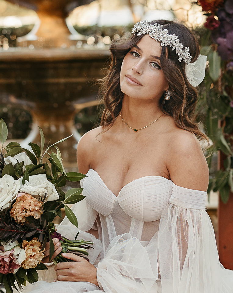 Elegant Wedding & Bridal Crystal Garland Headpiece with Tulle Bow - Titania by Kezani | Perfect for Brides, Bridesmaids & Special Occasions