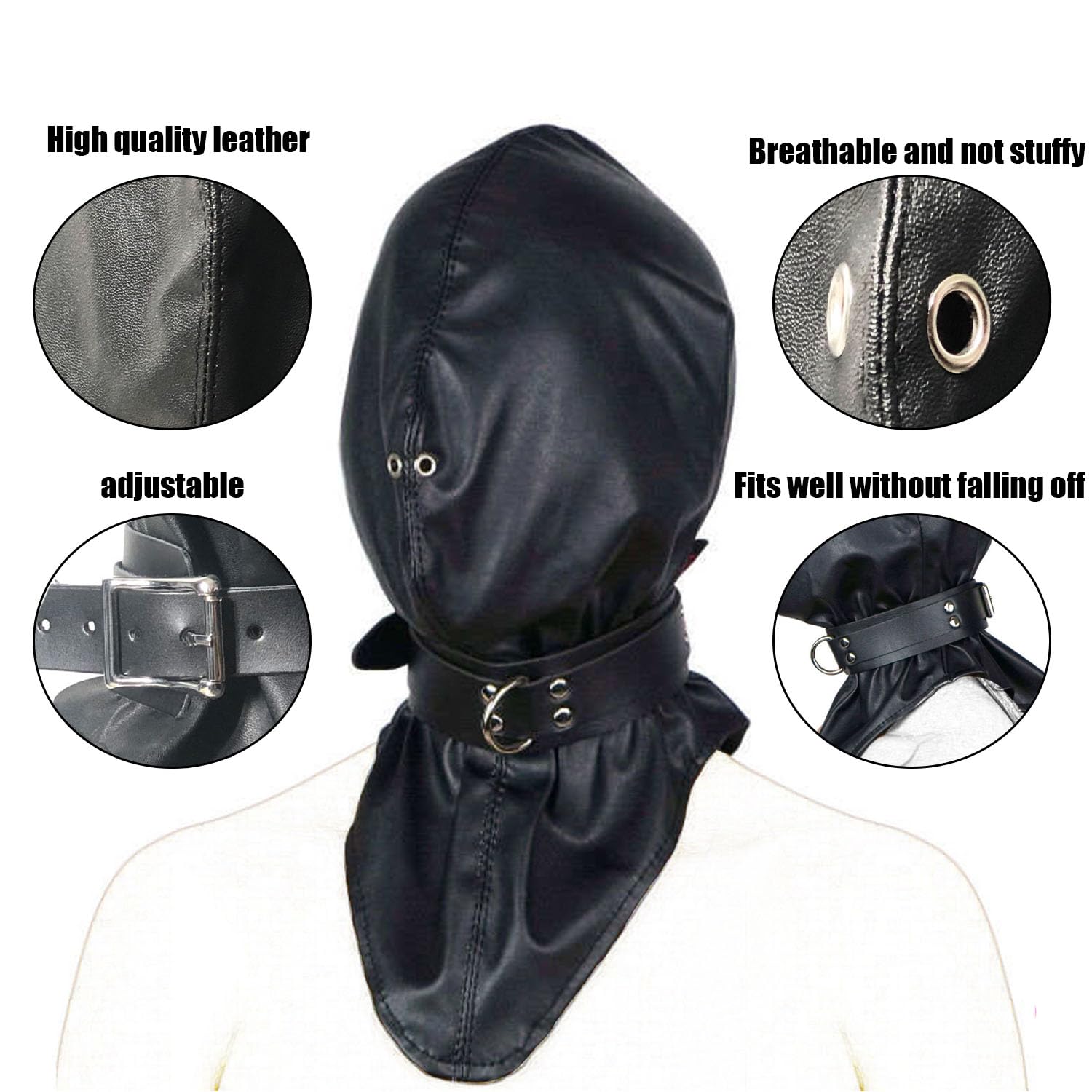 BDSM Bondage Hood - Adjustable Leather Blindfold Mask with Collar for Sensory Play | Fetish Head Cover for Adults | SM Restraint Gear for Roleplay & Sensory Deprivation