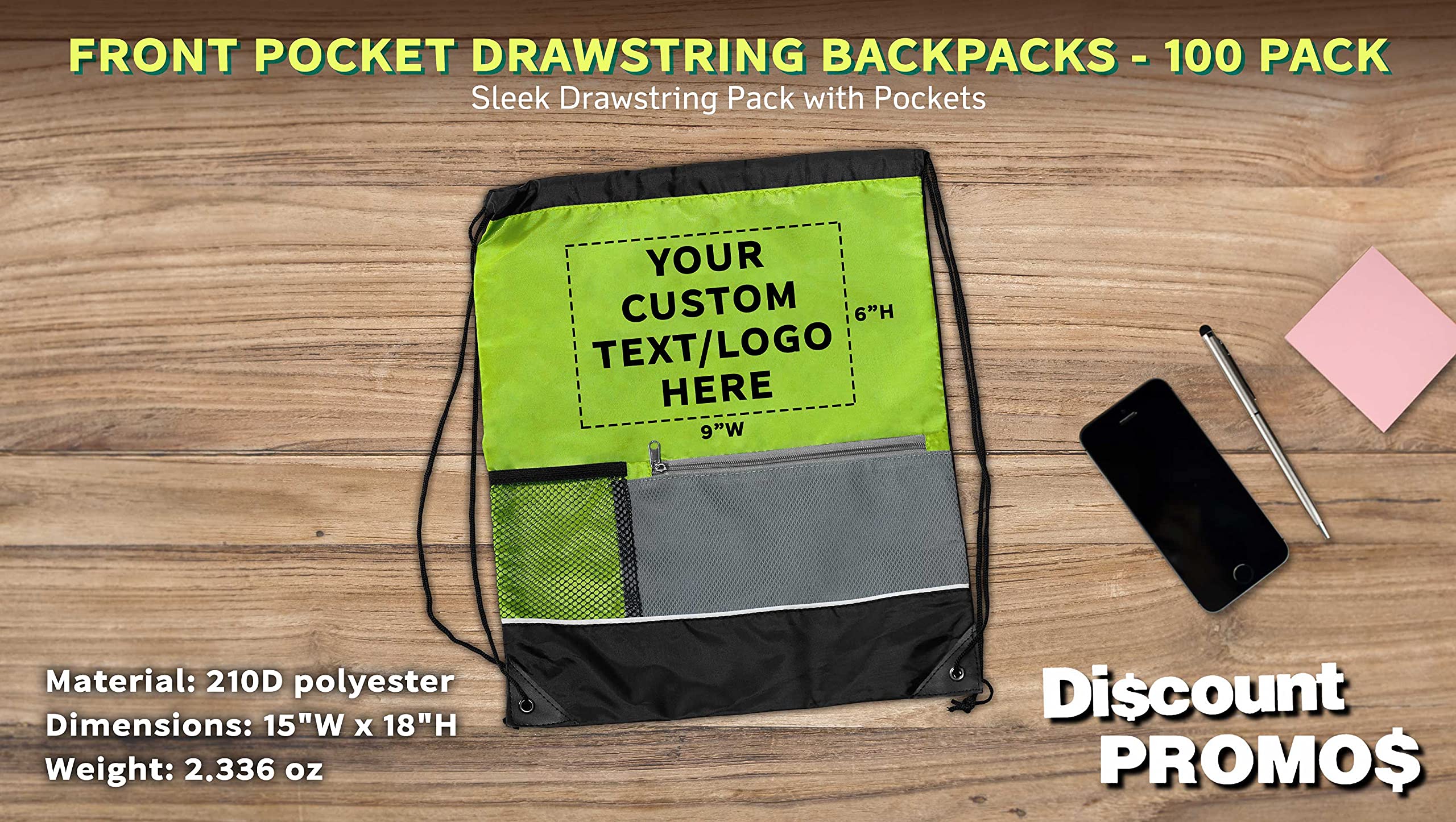 Custom Front Pocket Drawstring Backpacks - Bulk Set of 100 Personalized Reusable Bags | Lightweight Sports & Promotional Backpacks in Lime Green | Perfect for School, Gym, Travel & Events