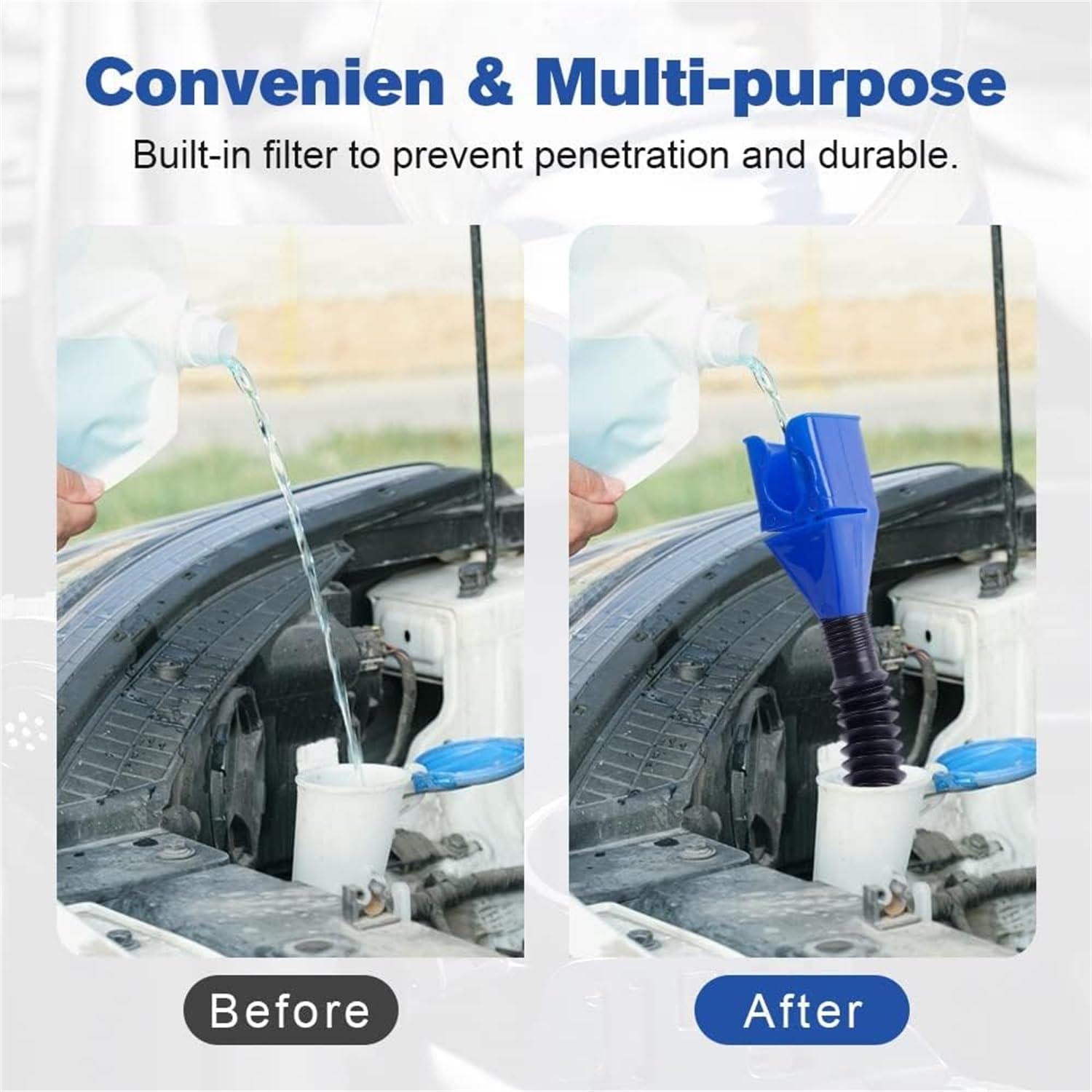 2023 Upgraded Retractable Auto Fuel Funnel - Flexible Snap Design Oil Change Funnel for Cars, Motorcycles & Trucks - Leak-Proof Plastic Gasoline Funnel with Extension Spout (Blue & White) - Perfect for DIY Oil Changes, Fluid Draining & Garage Maintenance
