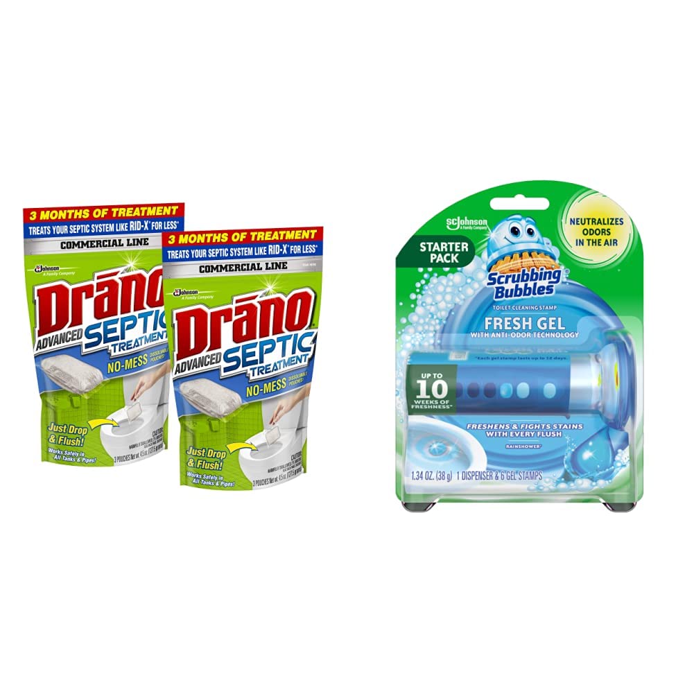 Drano & Scrubbing Bubbles Septic Tank Treatment Bundle - 3 Pouches (4.5 oz Each) + Toilet Bowl Cleaning Gel Starter Kit (Rainshower Scent) - Powerful Drain & Toilet Cleaner for Home, RV & Septic Systems