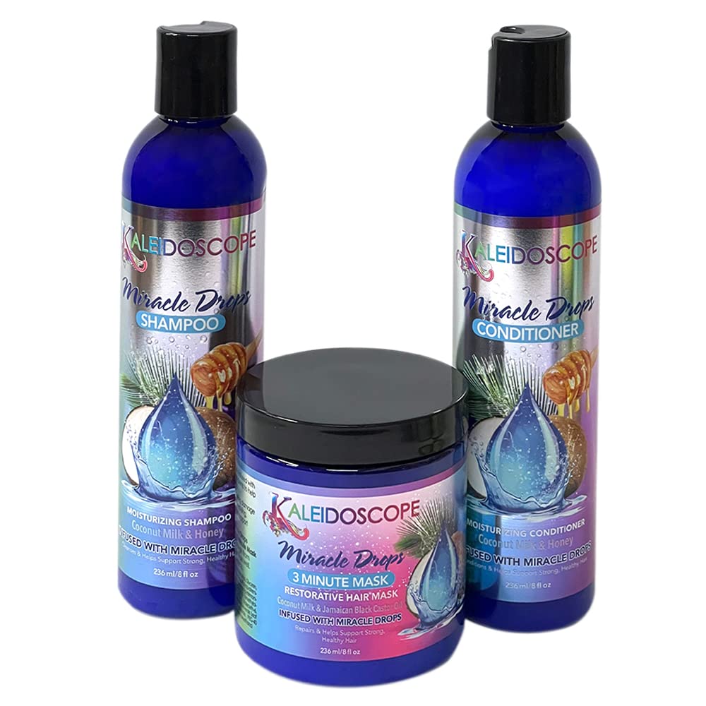 Kaleidoscope Miracle Drops Hair Care Set - Coconut Milk, Honey & Aloe Vera Shampoo, Conditioner & 3-Minute Mask with Rice Water for Deep Moisturizing - 3-Piece Styling Bundle for Dry, Damaged Hair | Perfect for Daily Nourishment & Salon-Quality Treatment at Home
