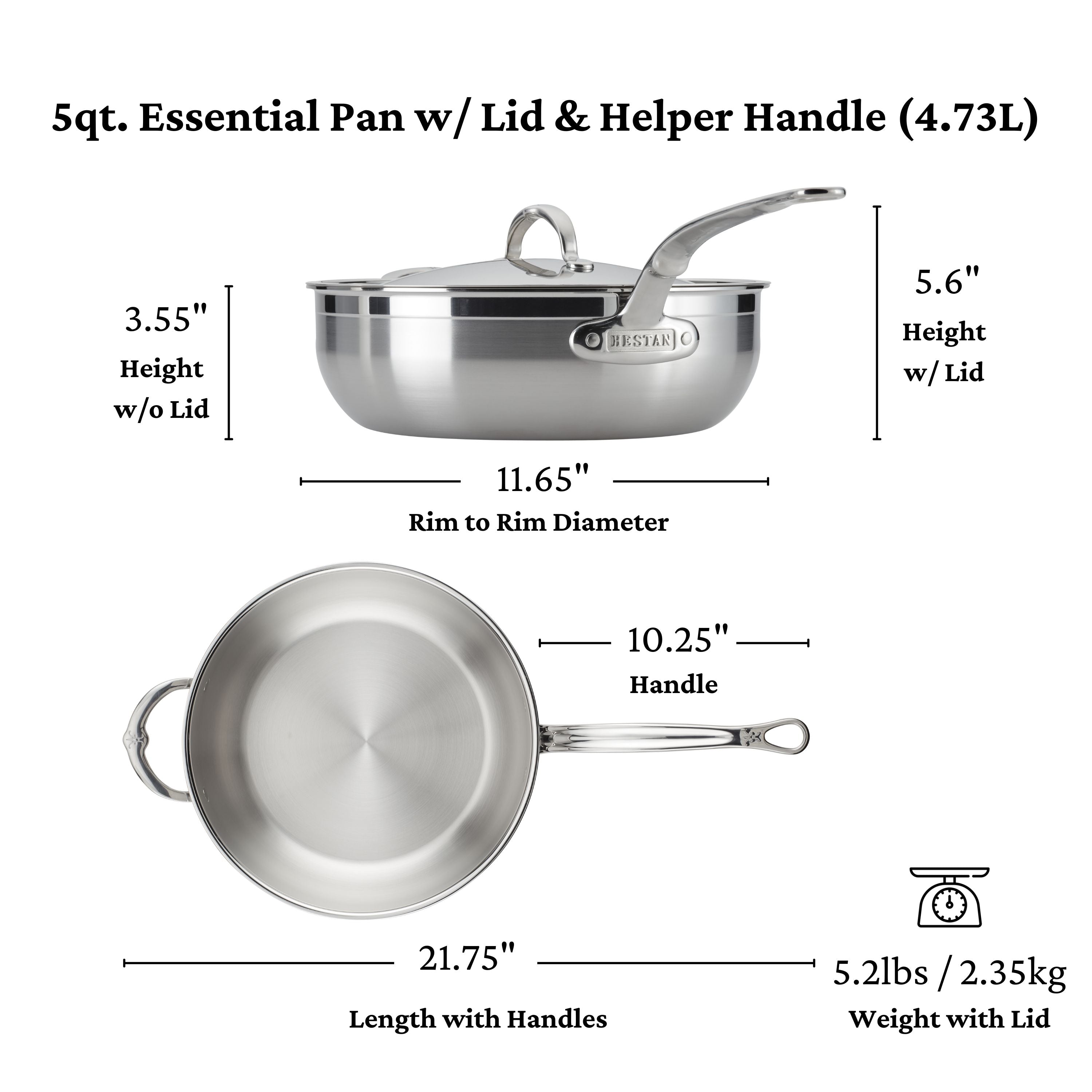 Hestan Probond Nonstick Covered Essential Pan with Helper Handle - 5.0 Quart (28cm) - Premium Cookware for Sauteing, Braising & Everyday Cooking