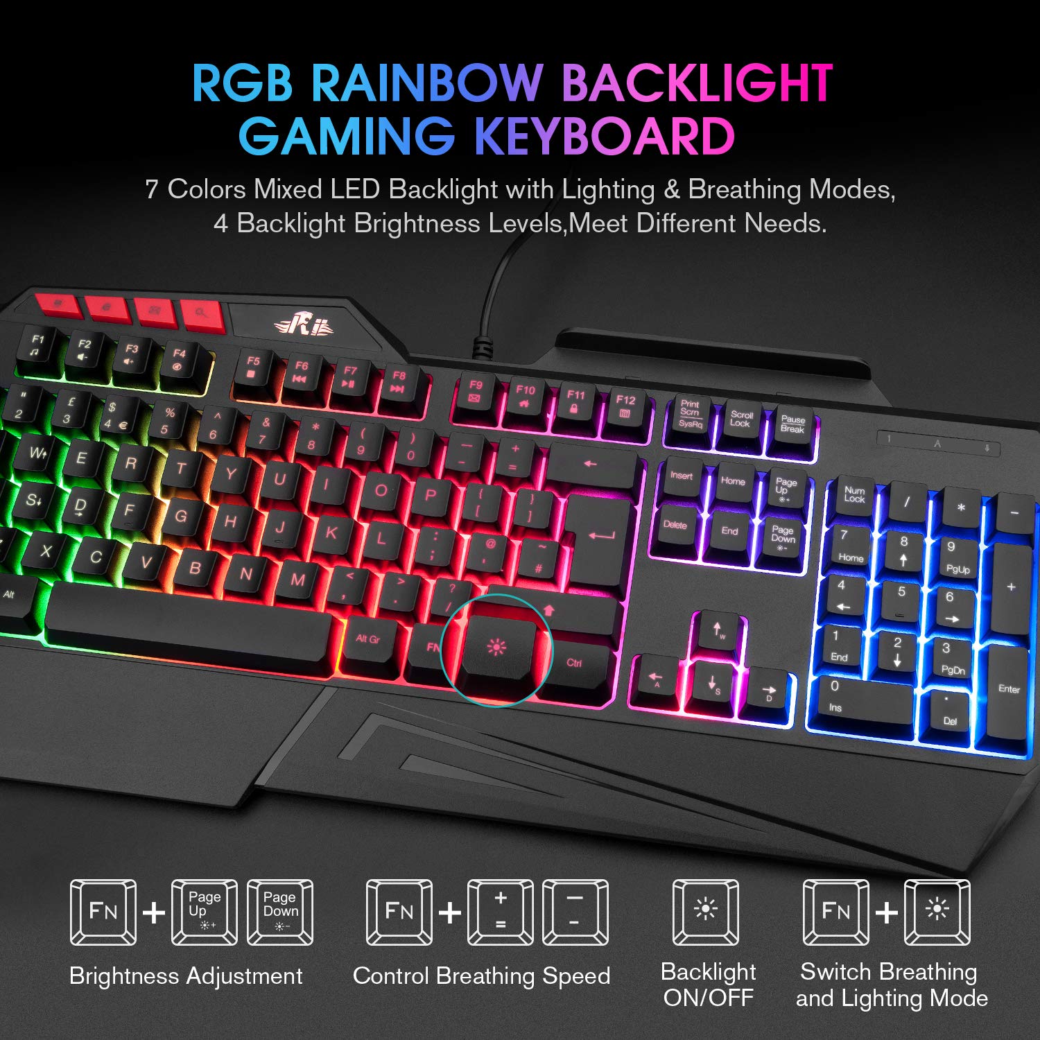 Rii RK202 Gaming Keyboard - Rainbow Backlit, Spill-Resistant for PC, Laptop, Xbox, PS4/5 - Perfect for Gaming & Office Use