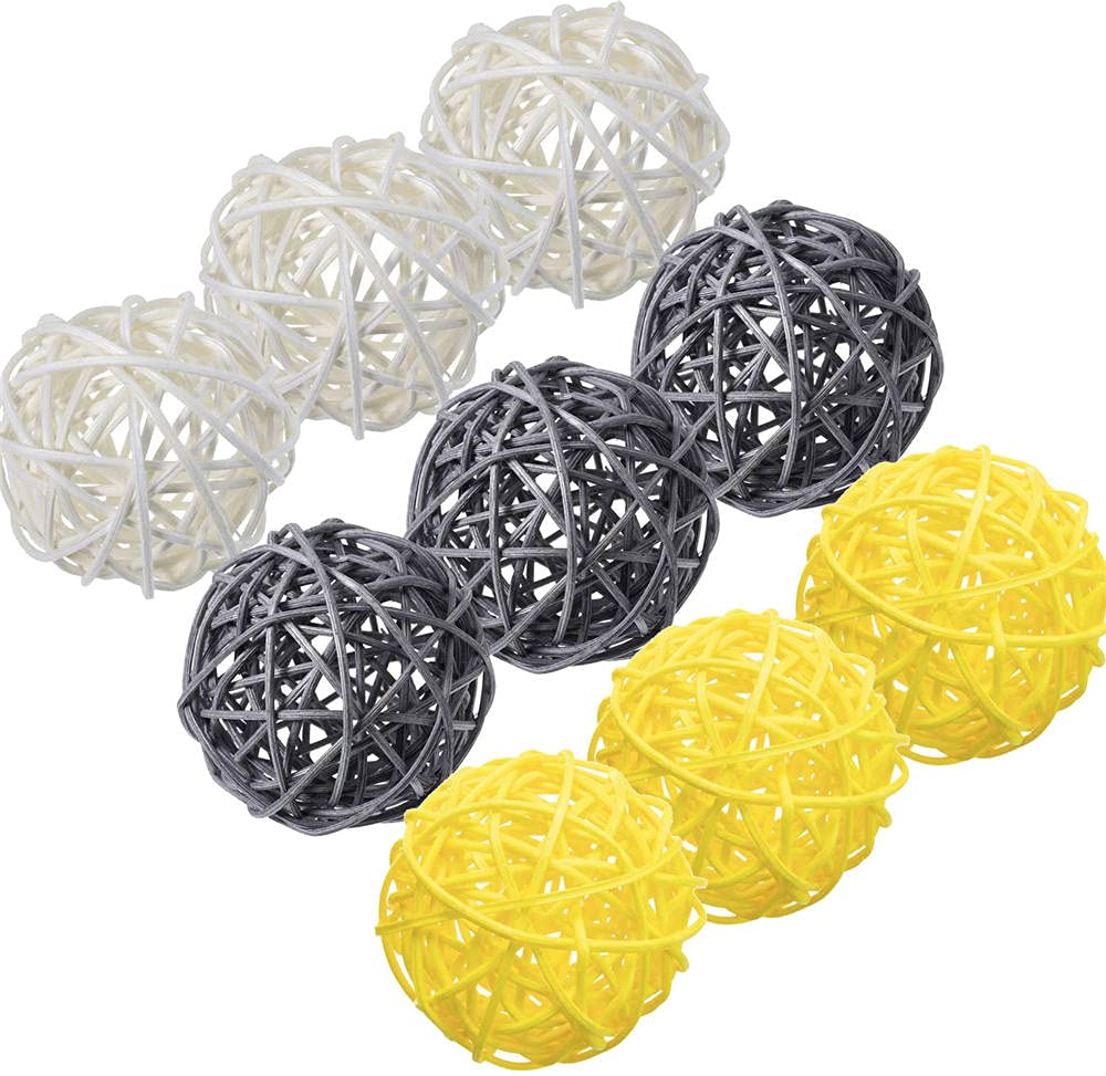 9 Pcs 3 Inch Wicker Balls Decorations - Natural Rattan Balls for Home Decor, DIY Vase Filler, Wedding Table Centerpiece, Baby Nursery & Party Decoration (White, Yellow, Grey) | Perfect for Boho, Farmhouse & Rustic Style Decorating