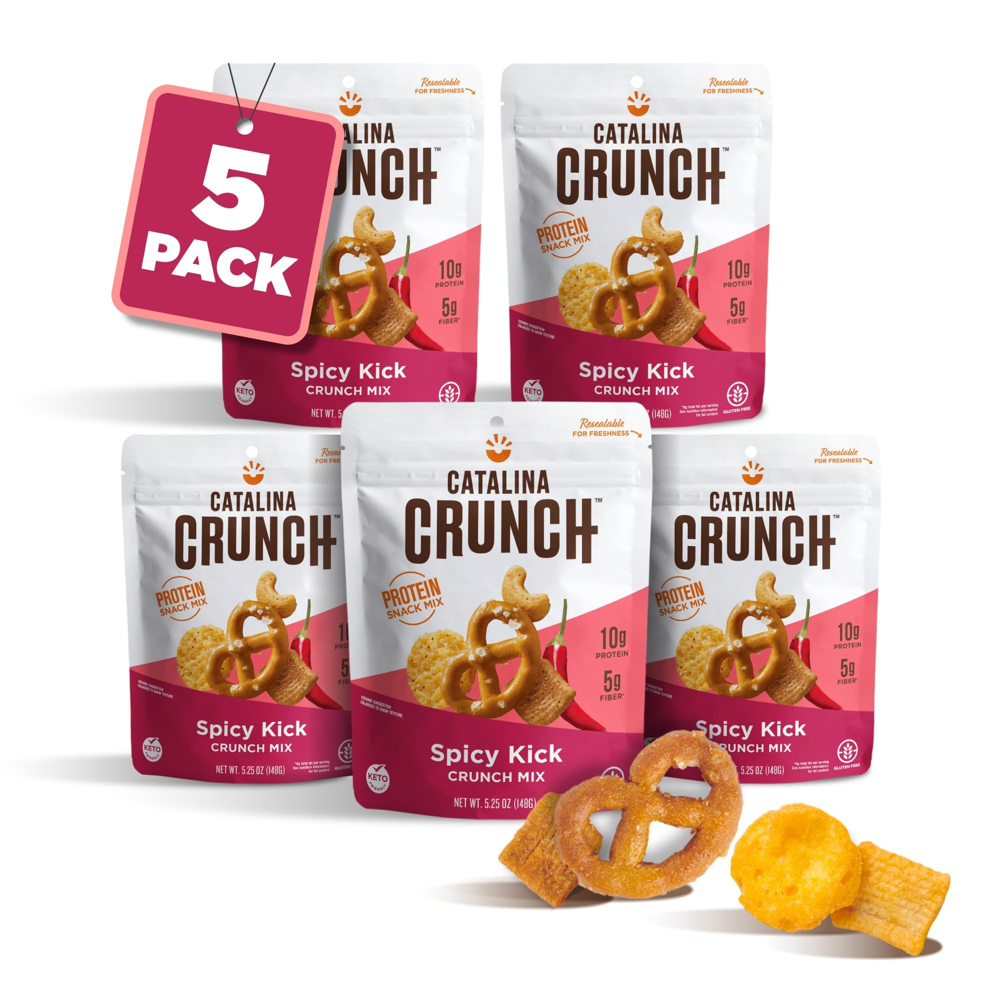 Catalina Crunch Spicy Kick High Fiber Protein Snack Mix - Low Carb, Keto Friendly, Gluten Free Healthy Snacks (Pack of 5) | Perfect for On-the-Go, Office Snacking & Keto Diet Lifestyle