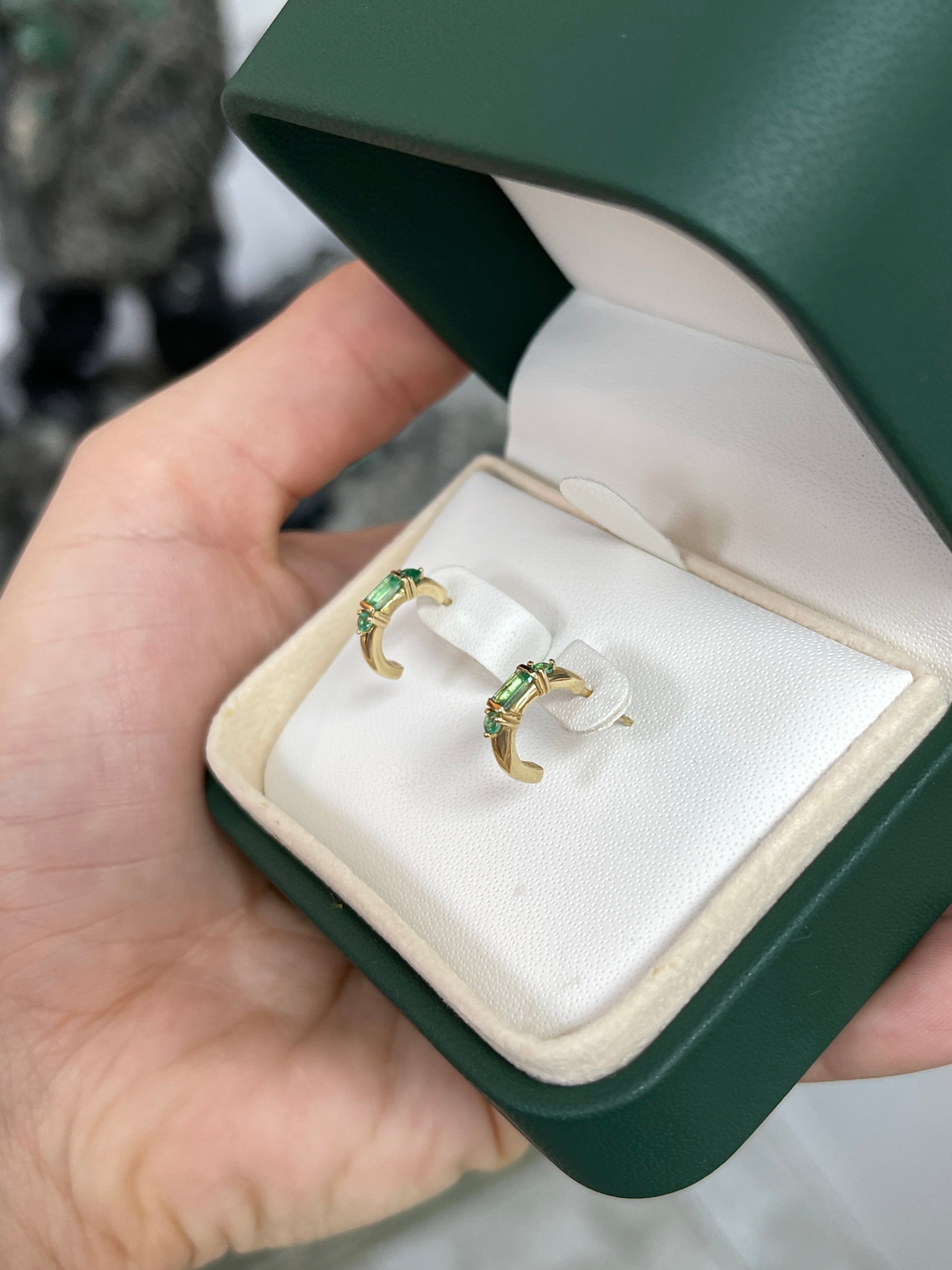 0.50tcw Natural Emerald Half Hoop Earrings in 14K Gold - Elegant Petite Hoop Earrings for Women, Perfect for Everyday Wear, Office & Special Occasions