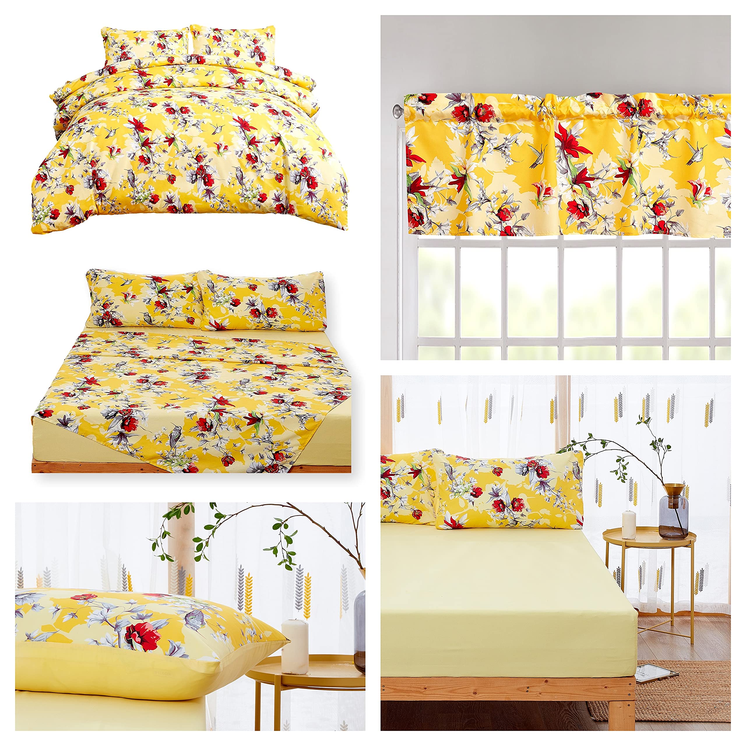 DaDalogy 9-Piece King Size Bedding Set - Yellow Hummingbird Botanical Duvet Cover, Fitted Sheet, Flat Sheet & Pillowcases with Window Curtain Valances | Soft Luxury Bed Sheets for Master Bedroom, Guest Room & Vacation Homes