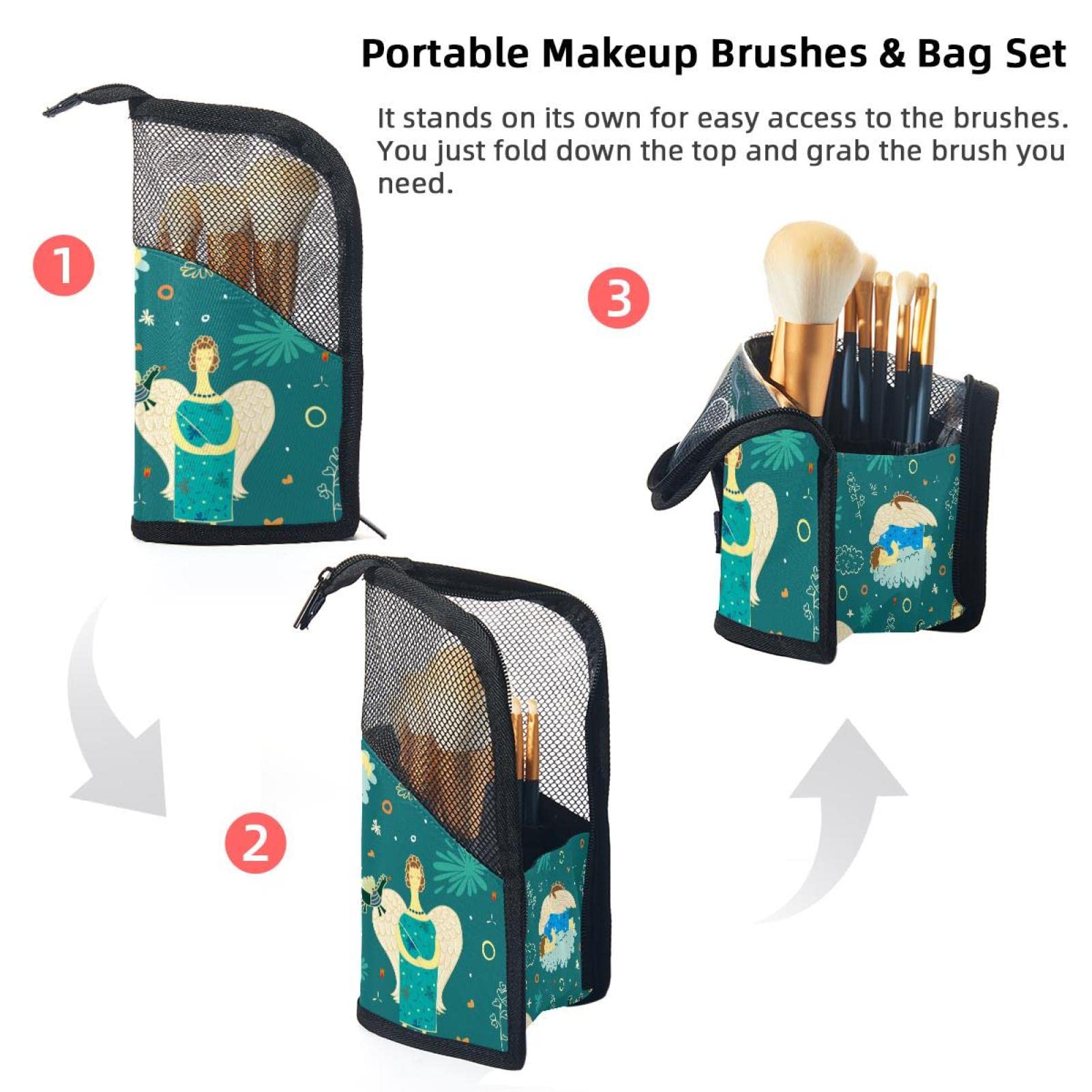 12-Piece Makeup Brush Organizer Bag with Green Angel Background - Portable Cosmetic Brush Holder Case for Women - Perfect for Travel, Home & Professional Makeup Artists