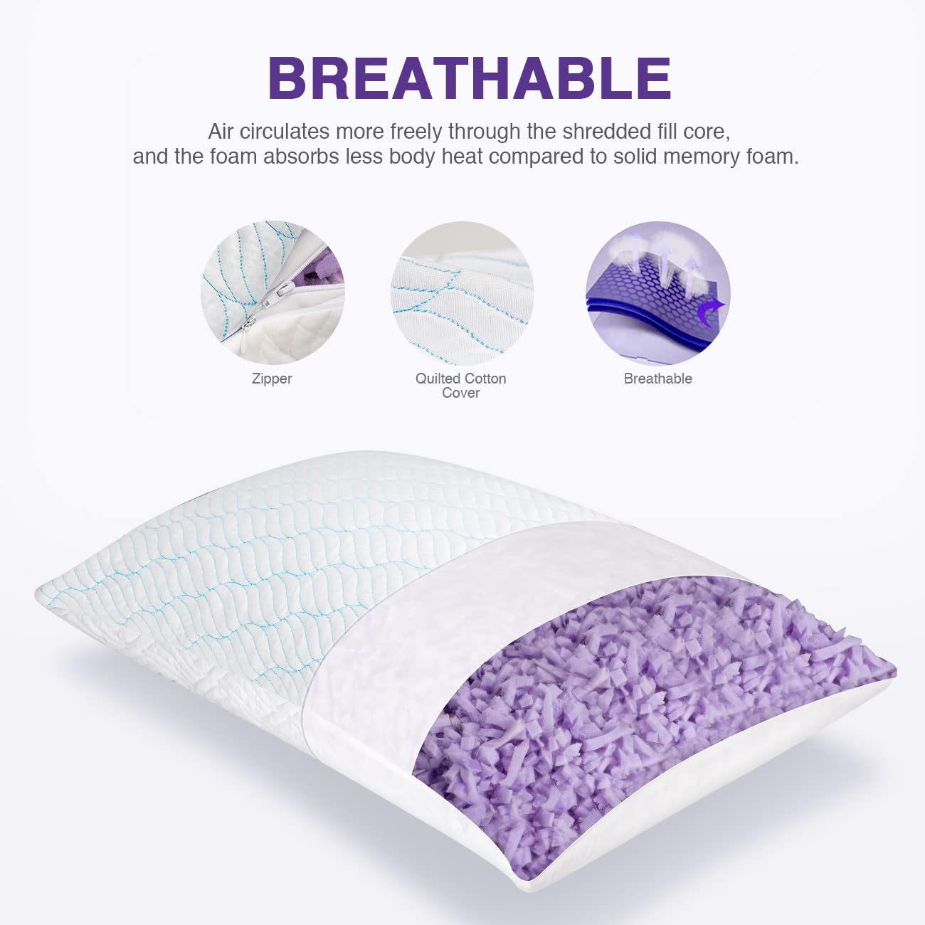 Cooling Shredded Memory Foam Pillow Set of 2 - Adjustable Firmness for Side, Back & Stomach Sleepers - Standard Size 20x26 Inches with Zipper Cover - Breathable & Pressure Relief for Hot Sleepers - Perfect for Night Sweat Relief & Neck Pain Support