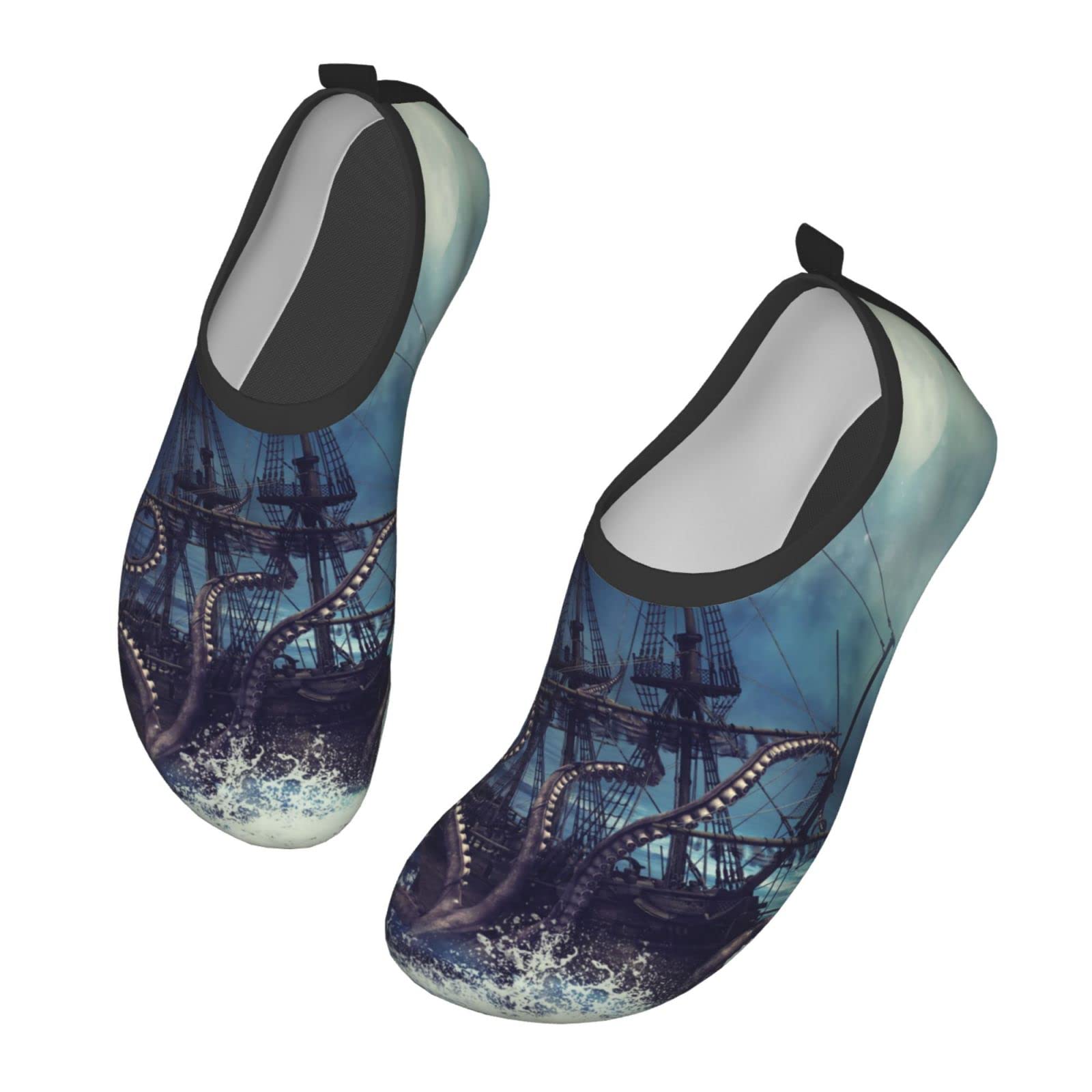 DZUAIKIT Non-Slip Quick-Dry Water Shoes for Women & Men - Pirate Ship & Octopus Print Barefoot Beach Swim Shoes - Perfect for Swimming, Surfing, and Water Sports