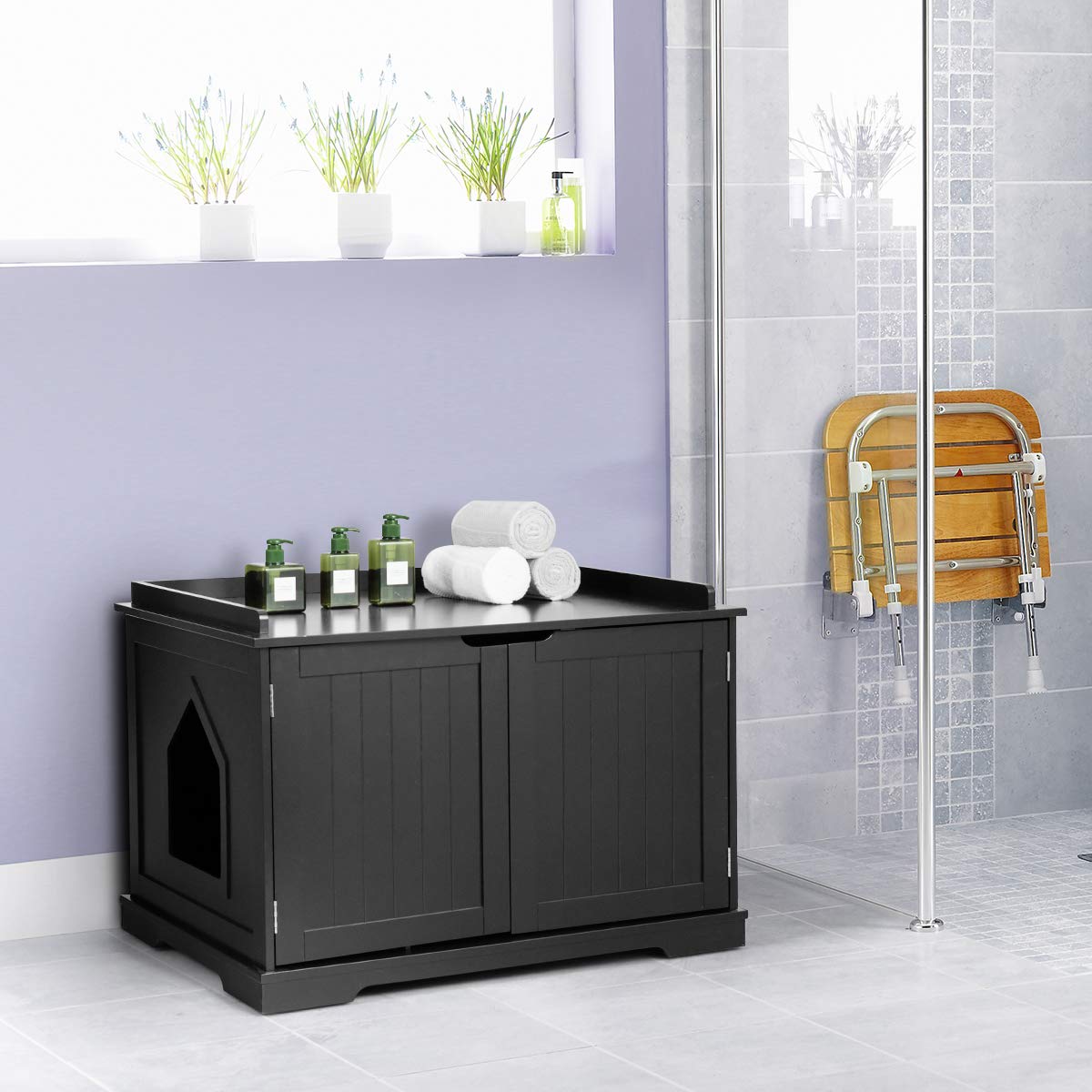 Tangkula Large Cat Litter Box Enclosure Cabinet - Decorative Double Door Pet Furniture with Storage Bench | Perfect for Living Rooms, Bedrooms & Home Decor