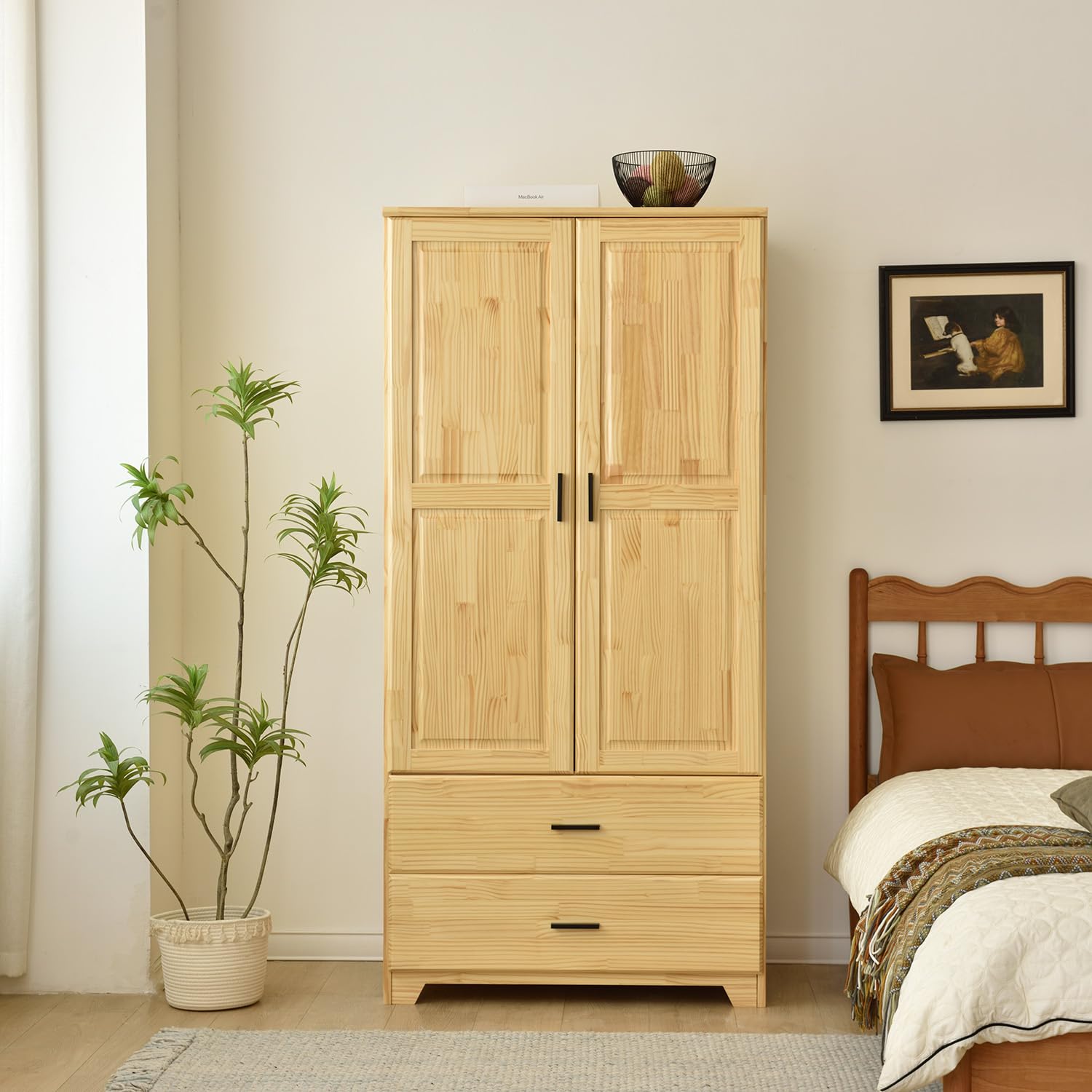 Solid Pine Wood Closet with Raised Doors & 2 Drawers - Natural Finish Wooden Wardrobe for Bedroom Storage & Organization | Perfect for Home, Apartment, Dorm Room Closet Space Saving Solution