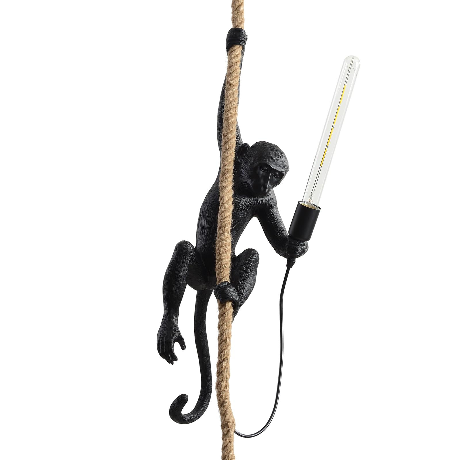 Vintage Resin Monkey Wall Lamp & Pendant Light with Hemp Rope - Modern Home Decor Lighting for Dining Room, Living Room, Bedroom, Entryway - Perfect for Jungle Theme, Boho Style & Animal Lover Decor (Black)
