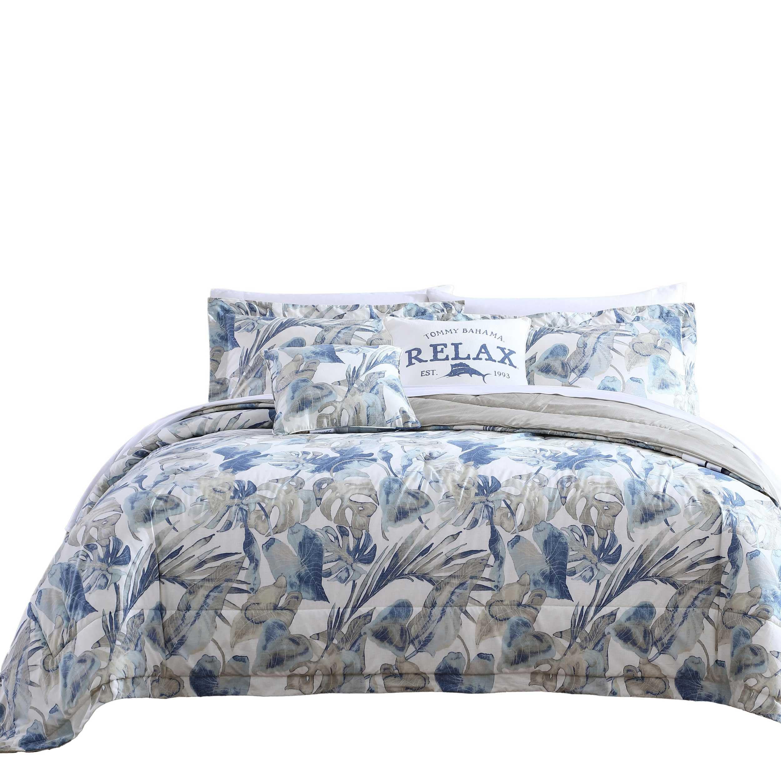 Tommy Bahama Queen Comforter Set - 100% Cotton Reversible Bedding with Matching Shams & Bedskirt | Ultra Soft Luxury Bedding for Master Bedroom (Raw Coast Blue, Queen Size) | Perfect for Coastal & Beach House Decor