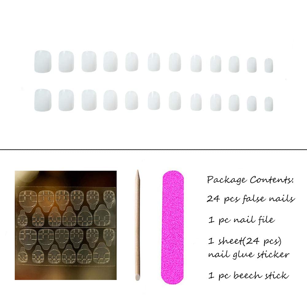 24Pcs French Ombre False Nails - Glossy Gradient Short Square Fake Nails with Glue & Salon Clip - Full Cover Acrylic Nails for Women & Girls (White) - Perfect for Parties, Weddings & Daily Wear