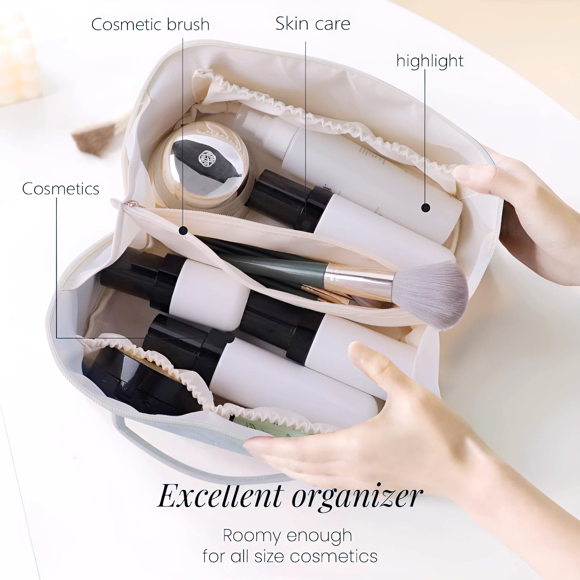 NFI Essentials Women's Leather Cosmetic Travel Organizer Bag - Portable Makeup Pouch & Toiletry Bag with Wide Opening, Handle & Divider - Perfect for Air Travel, Gym & Weekend Getaways