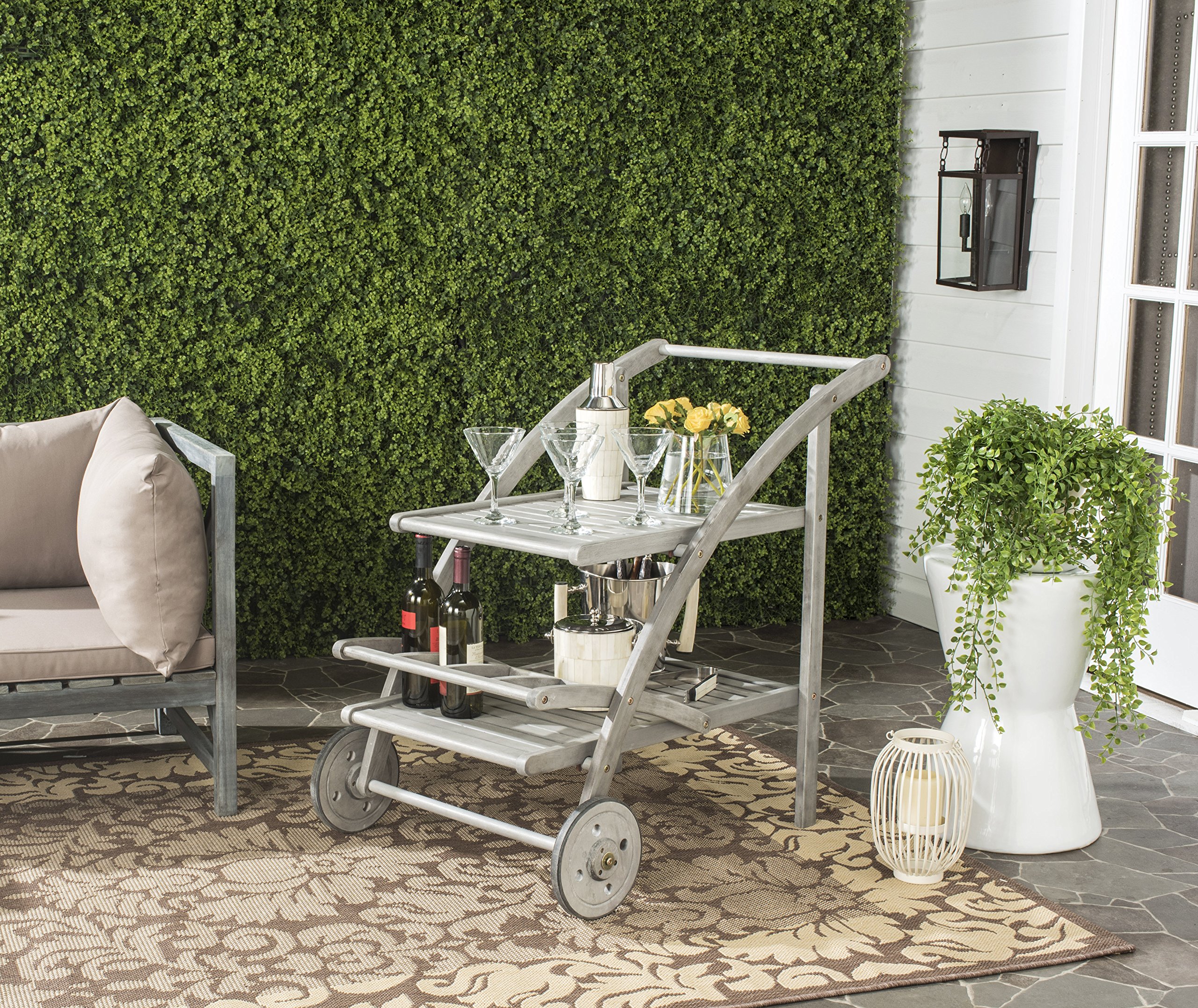 SAFAVIEH Outdoor Collection Lodi Tea Cart - Grey Wash Finish | Rustic Wooden Serving Cart with Wheels | Perfect for Patio, Garden & Indoor Decor