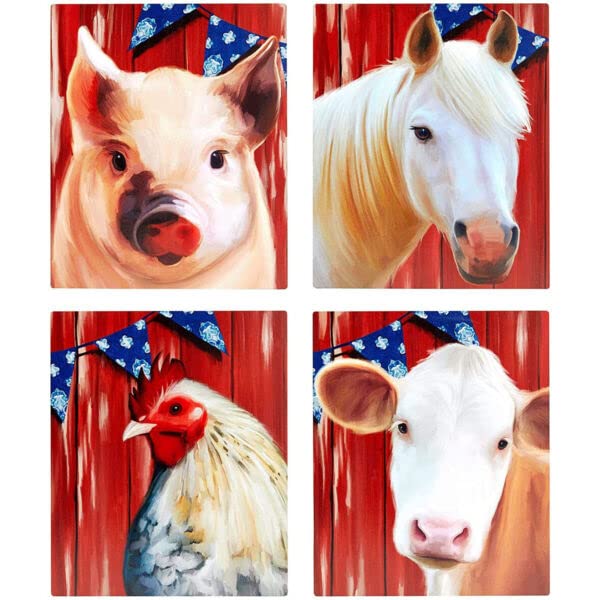 4 Pack Farm Animal Wall Decor Set - Pig, Horse, Chicken & Cow Art Prints (7.8x9.4 Inch) for Country Home, Nursery or Farmhouse Decor - Perfect for Living Room, Bedroom or Kitchen Wall Art