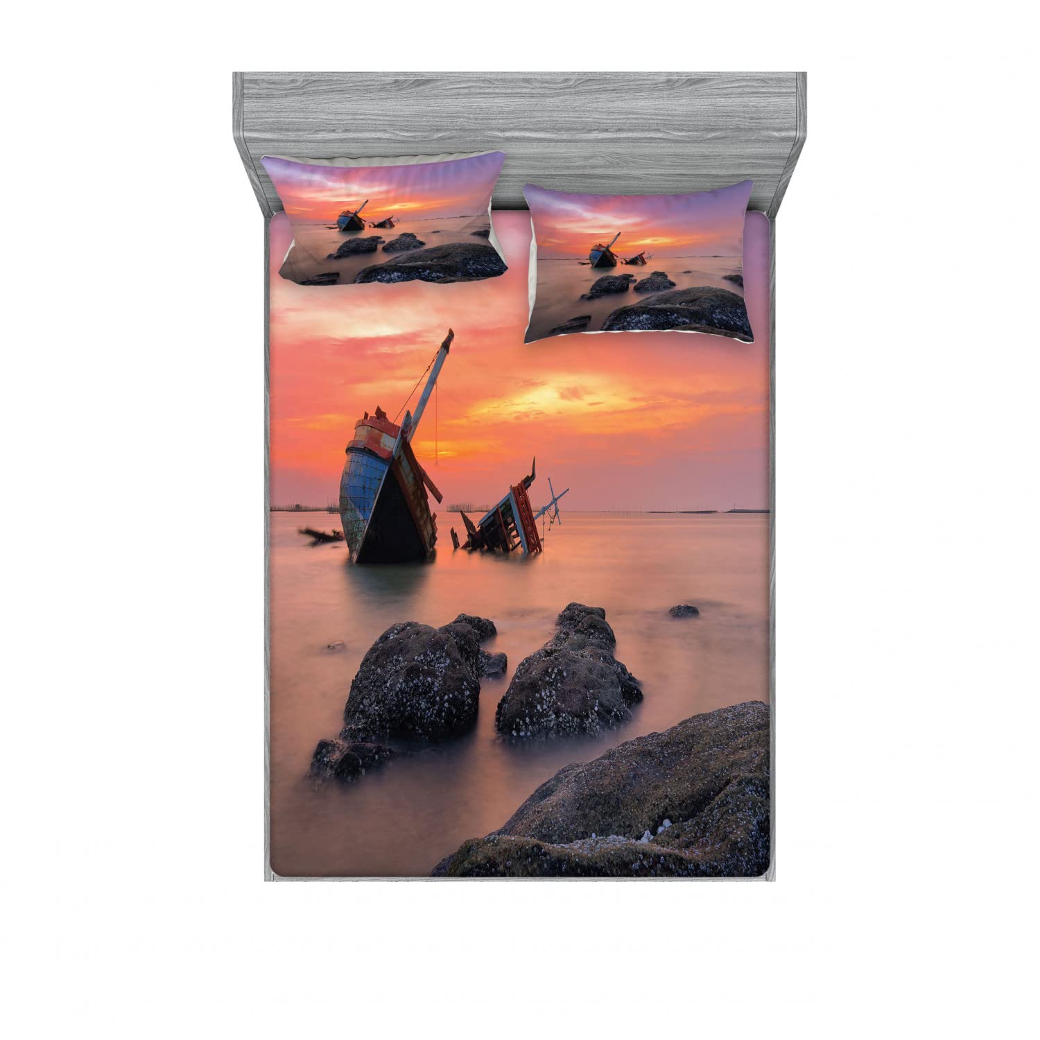 Ambesonne 2-Piece Nautical Queen Fitted Sheet Set with 4 Pillow Shams - Foggy Water Sunset Design in Orange & Grey - Coastal Bedroom Decor for Guest Rooms & Vacation Homes