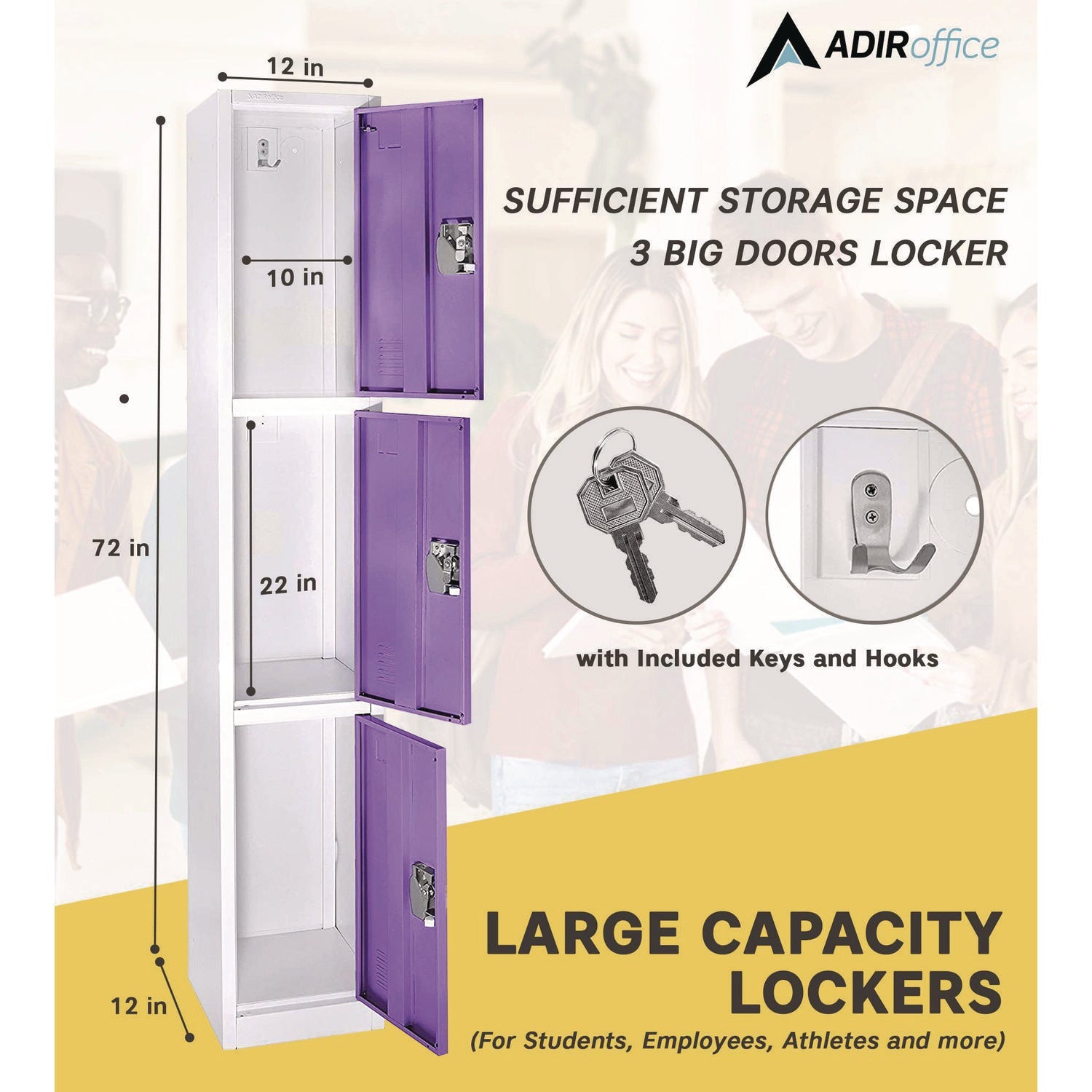 AdirOffice 3-Compartment Steel Storage Locker - 12