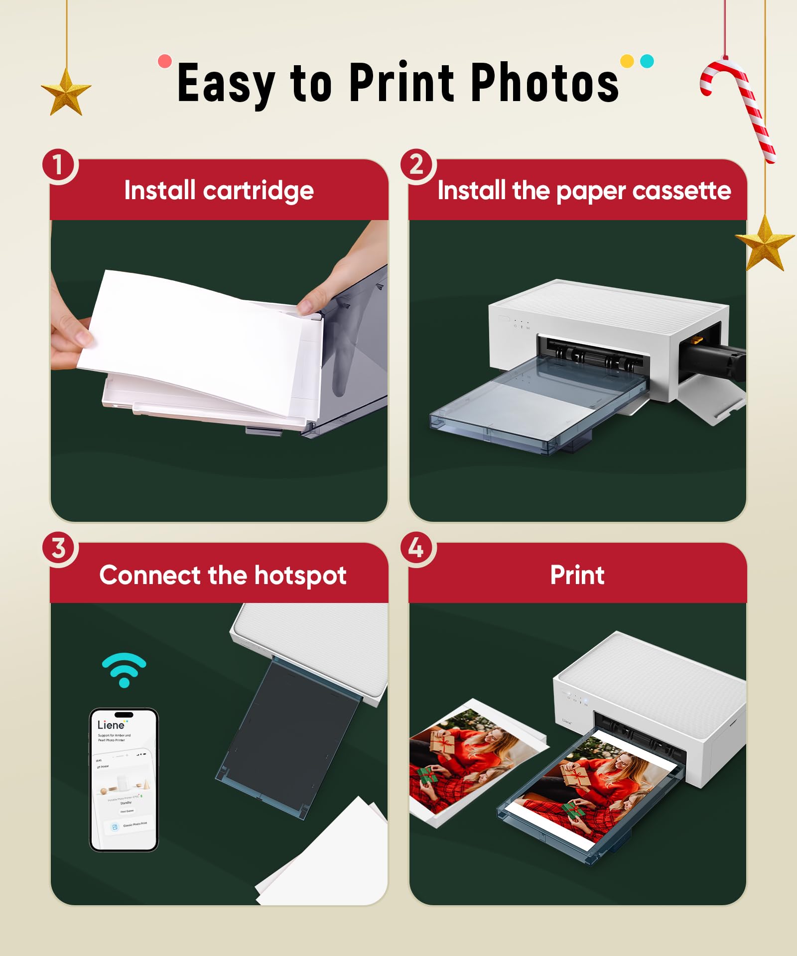 Liene 4x6'' Wi-Fi Photo Printer Bundle with 60 Sheets & 2 Ink Cartridges - Portable Dye-Sublimation Printer for iPhone, Android, Smartphone & Computer - Perfect for Home Use, Travel Photos & Instant Printing Memories