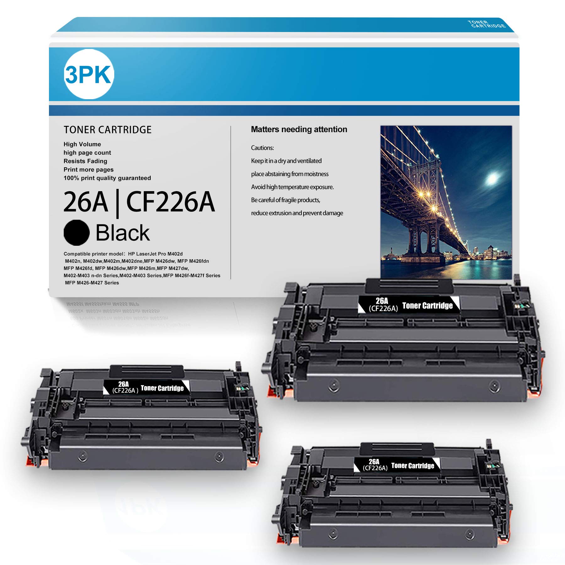 High-Quality 26A | CF226A Toner Cartridge Replacement for HP Pro M402n M402dn M402dw M402m MFP M402dne M426dw M426fdn M426fdw M426mBM427dw M402-M403 M426f-M427f M426-M427 Series Printers - Black, 3-Pack - Perfect for Office, Home & Business Printing Needs