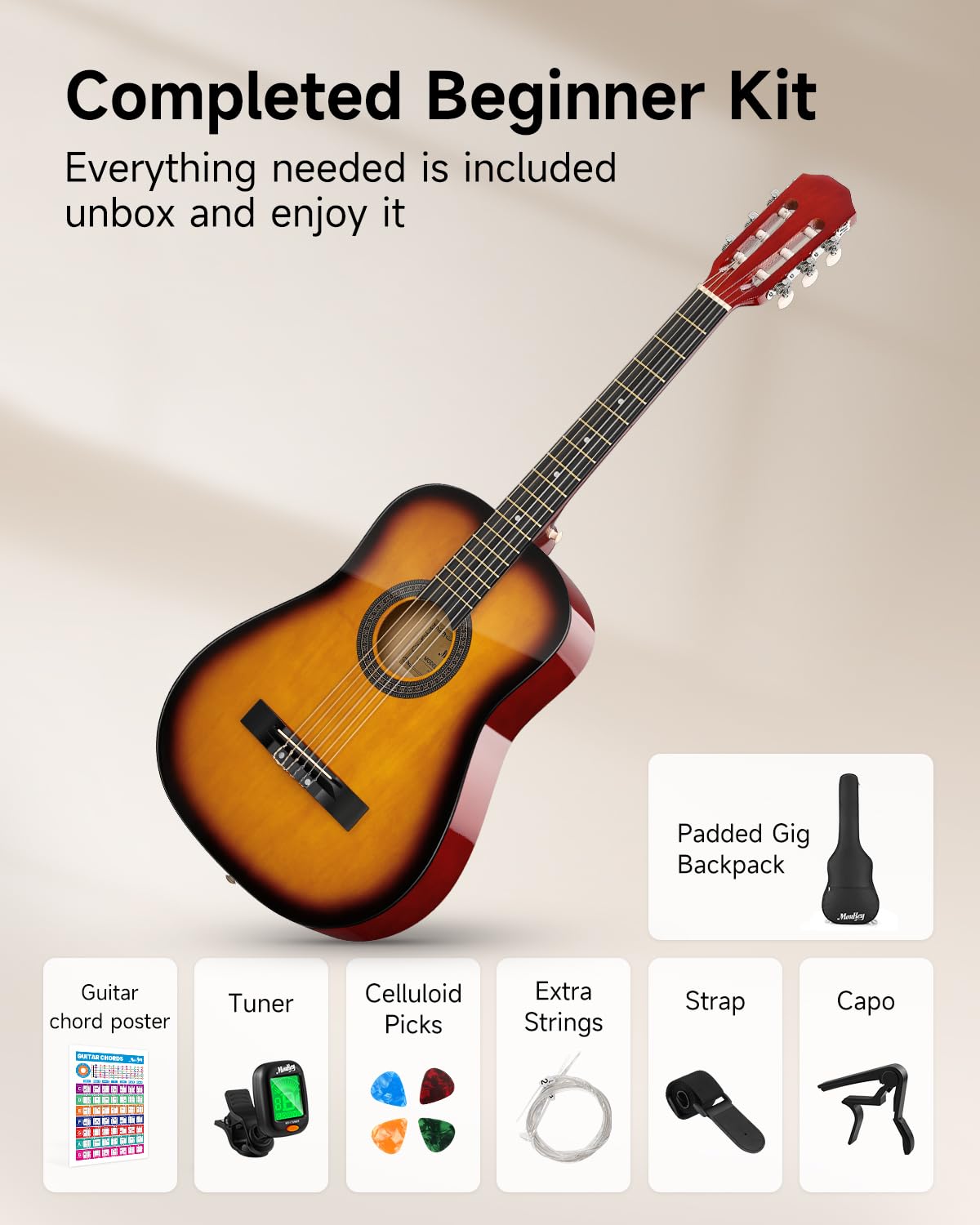 Moukey 38 Inch Acoustic Guitar for Beginners - Full Size Dreadnought Guitar Kit with Gig Bag, Tuner, Picks, Capo & Strap - Ideal for Kids, Youth & Adults - Perfect for Home Practice, Camping & Music Lessons (Sunburst)
