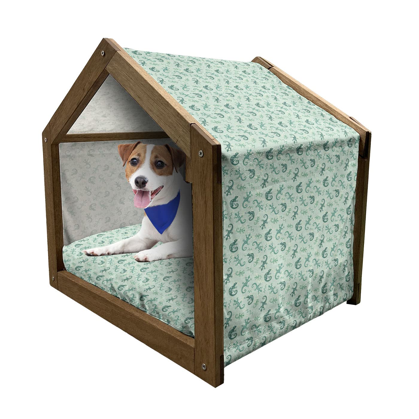 Ambesonne Gecko Wooden Pet House for Small Pets - Indoor & Outdoor Portable Dog Kennel with Pillow & Cover - Chevron Zigzag Ornate Pattern in Pale Green & Dark Green - Perfect for Lizards, Chameleons & Small Dogs in Home, Garden or Patio Use